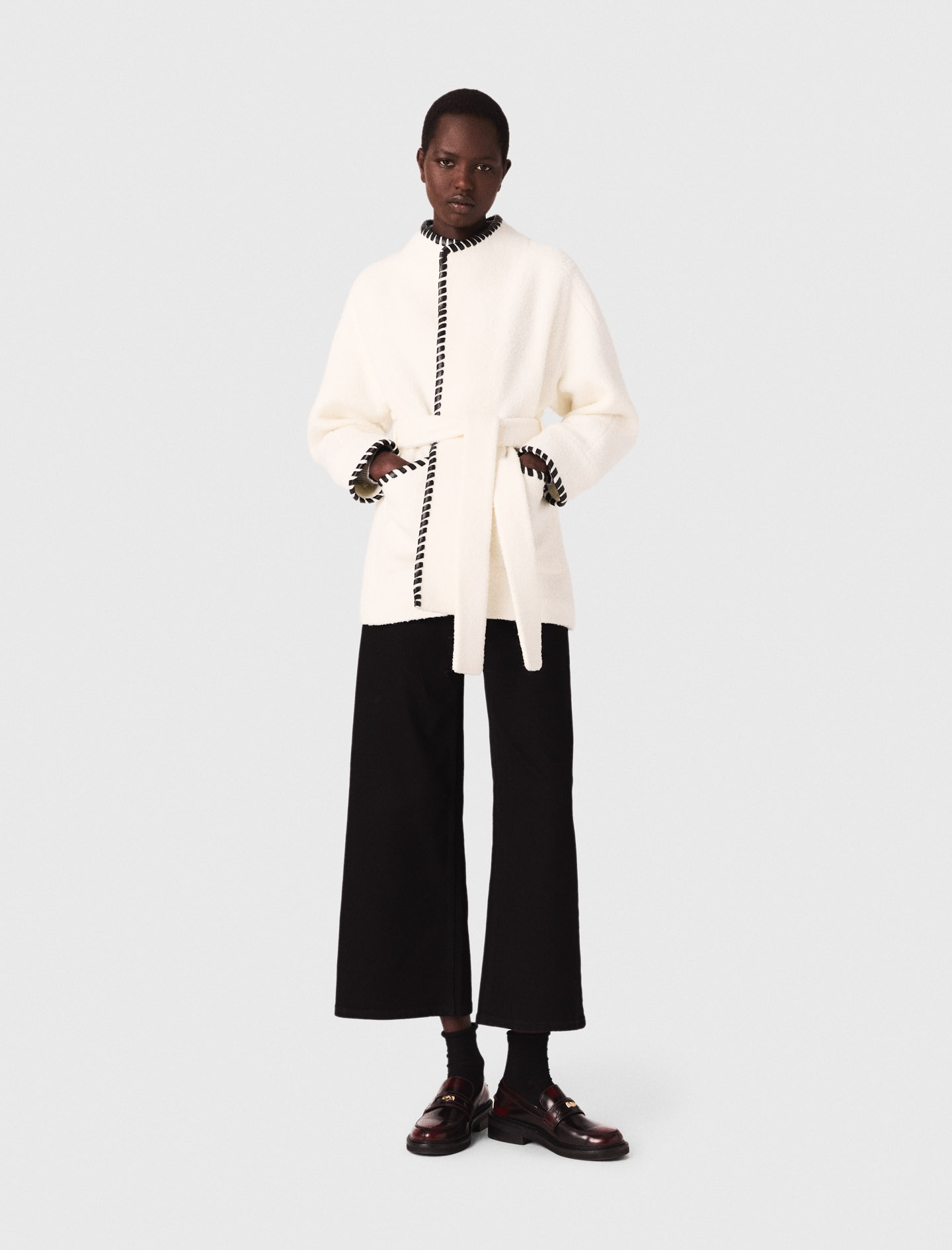 Maje Lined Coat With Contrasting Ribbon In White