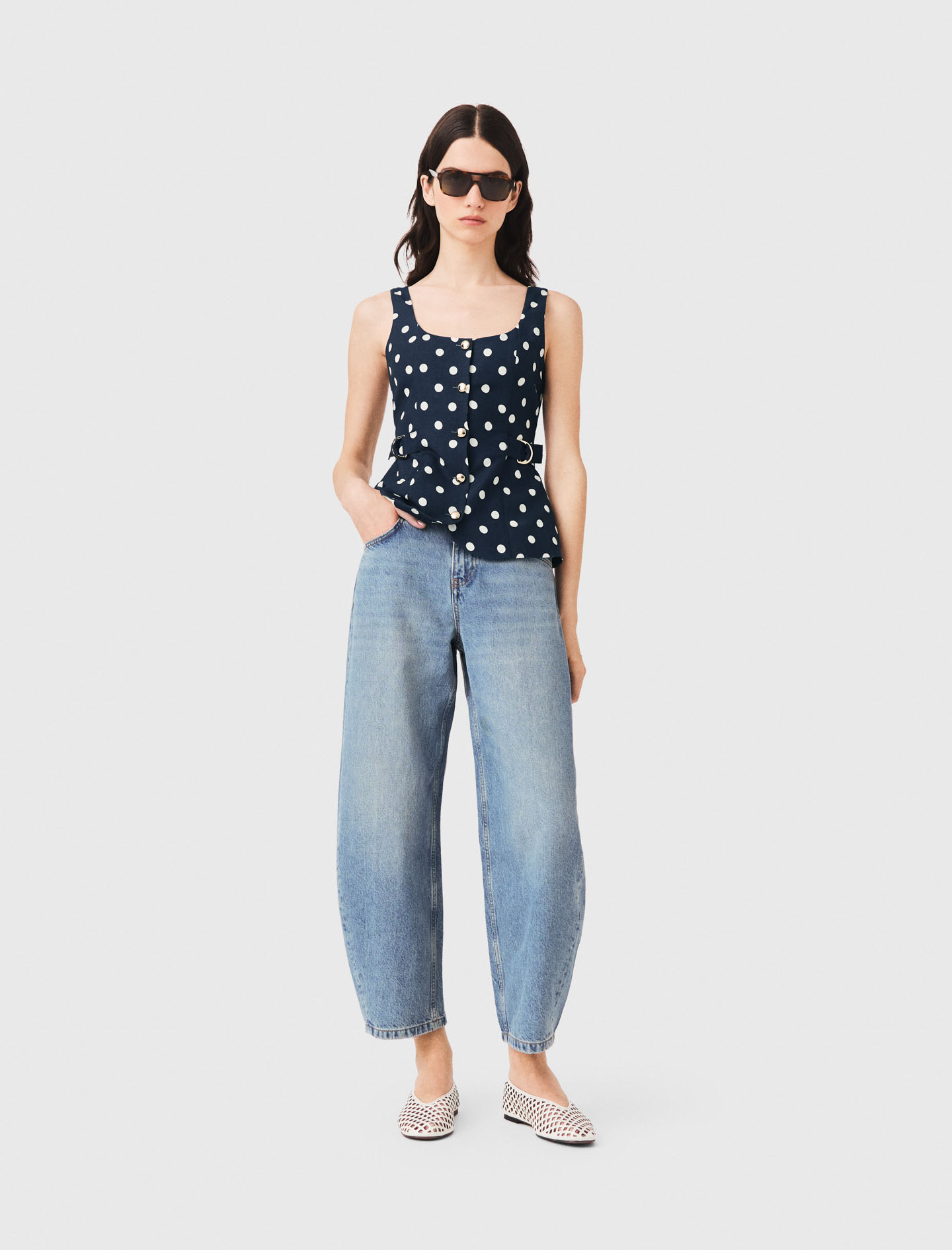 Long Linen Blend Jacket - Navy Dots Print - Size 8 - Maje