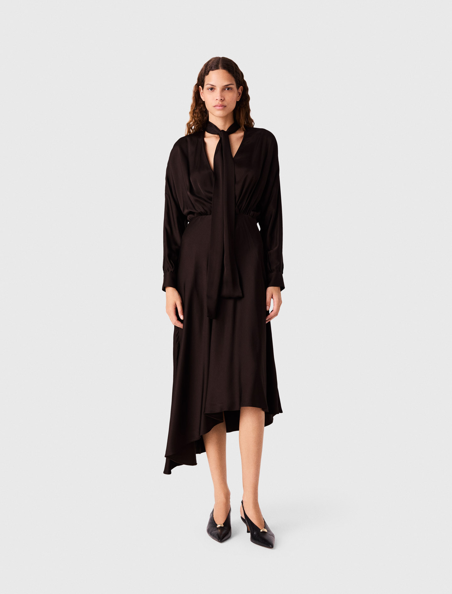 Asymmetrical Satin Midi Dress - Dark Brown - Size 6 - Maje