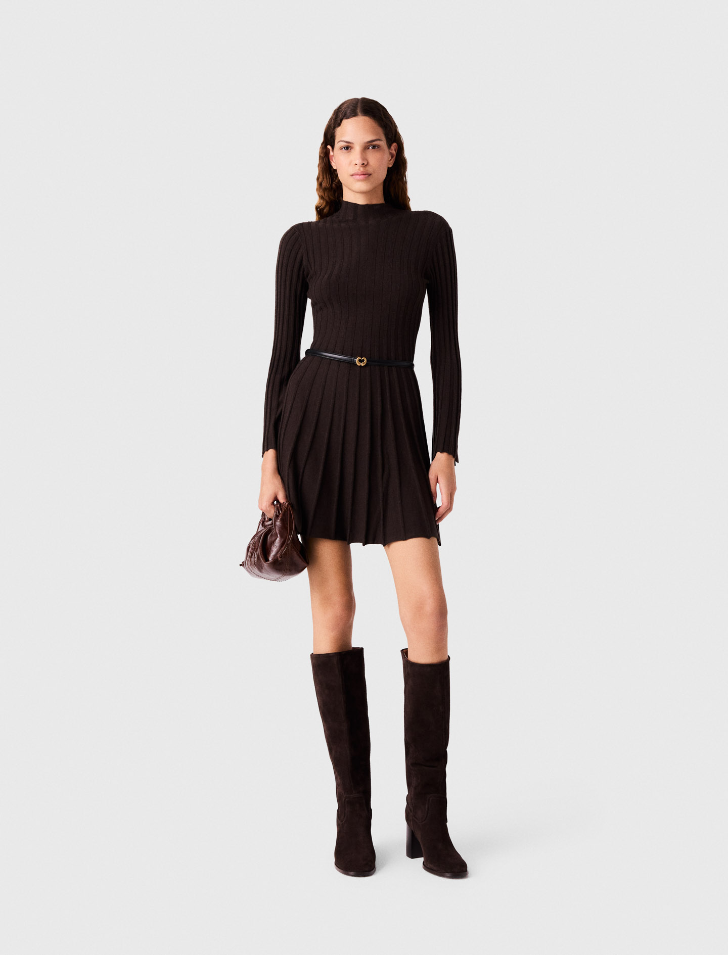 High-neck Short Skater Dress - Dark Brown - Size 8 - Maje