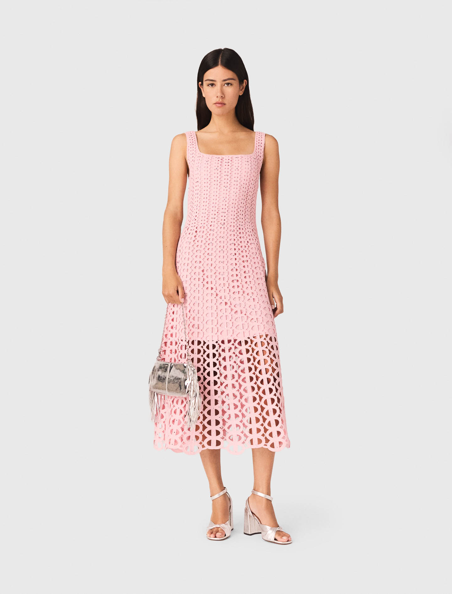 Rhinestone Crochet Midi Dress - Pink - Size 8 - Maje