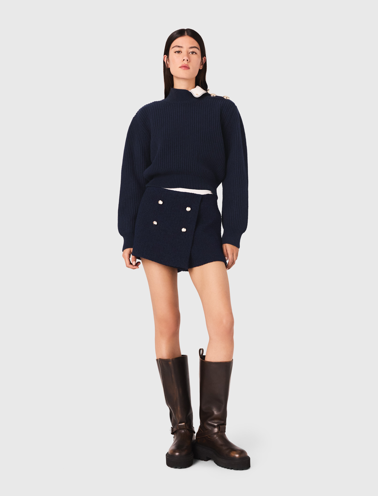 Tweed Shorts With Contrast Band - Navy - Maje