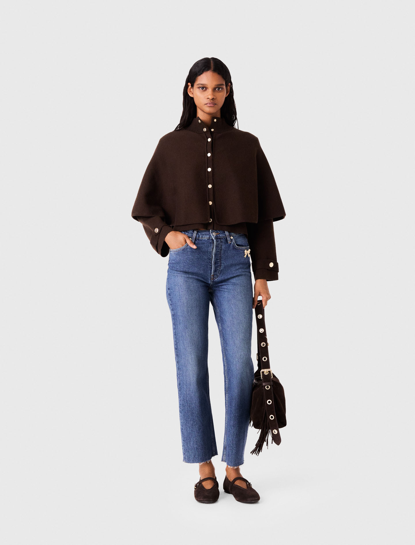 Cape-effect Cardigan - Dark Brown - Size 12 - Maje