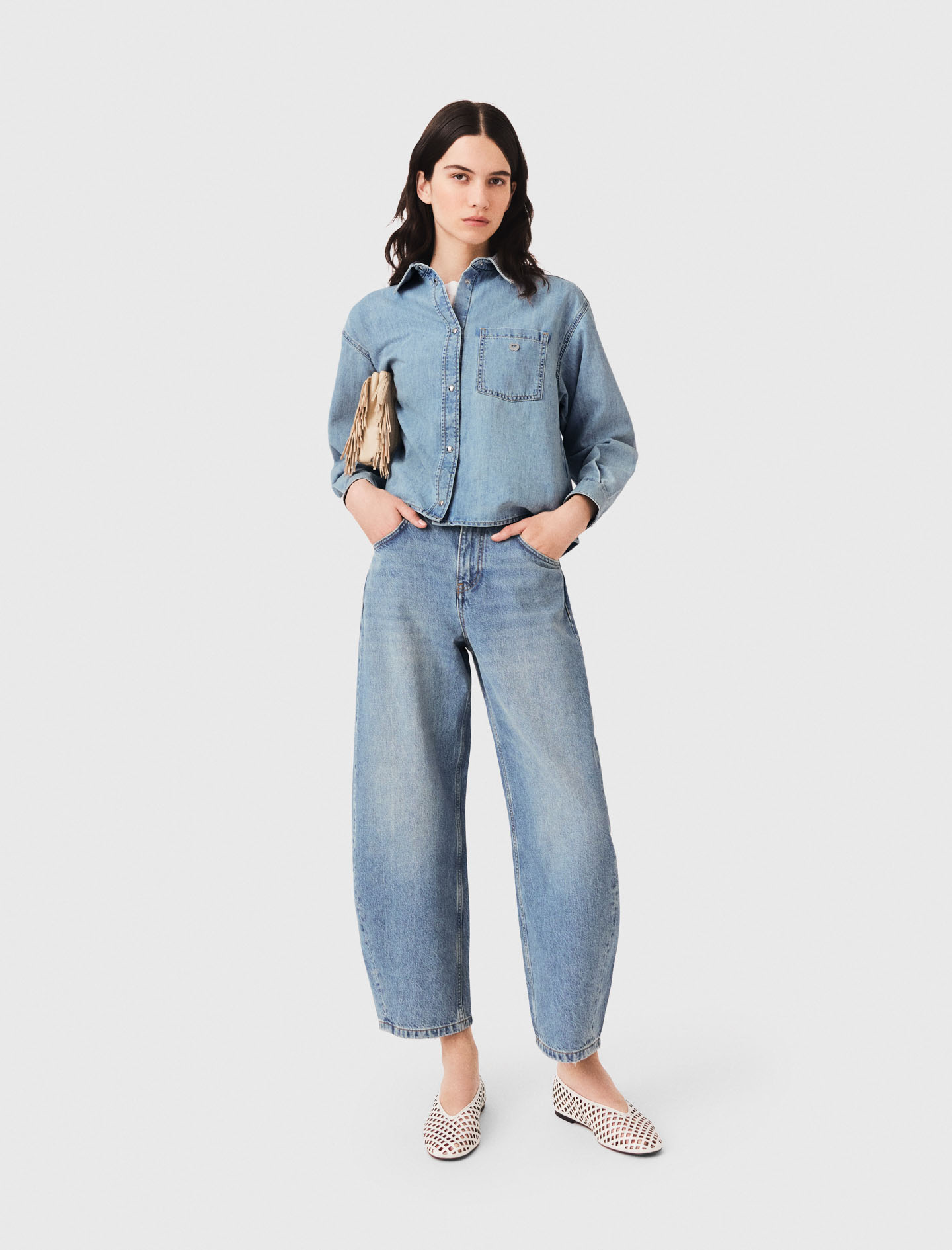 Denim Shirt With Logo - Blue - Size 10 - Maje
