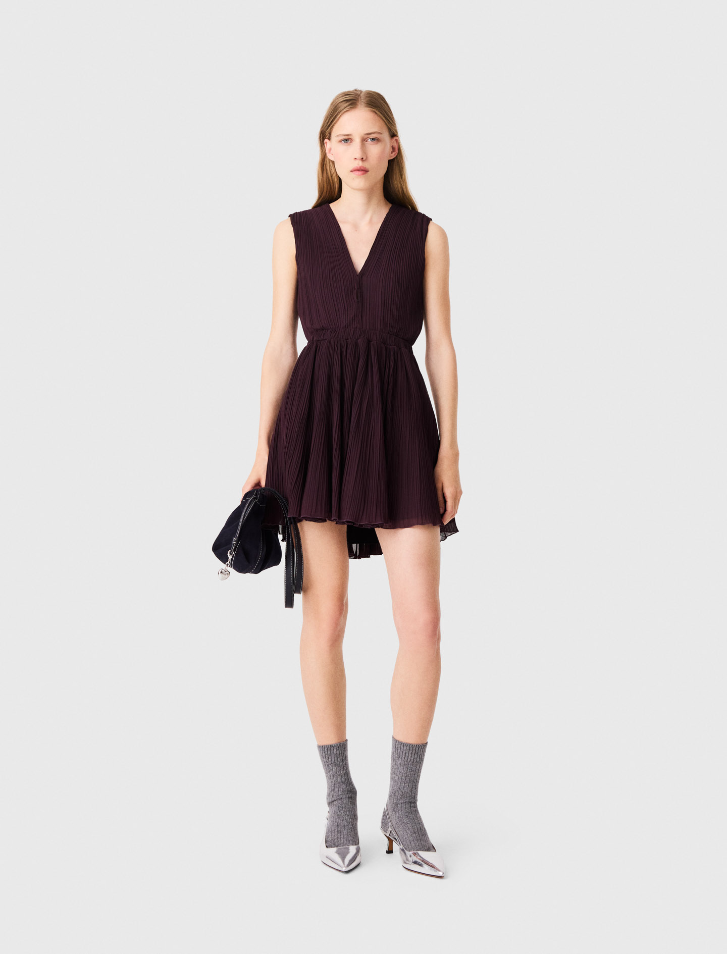 Short Pleated Skater Dress - Eggplant - Size 10 - Maje
