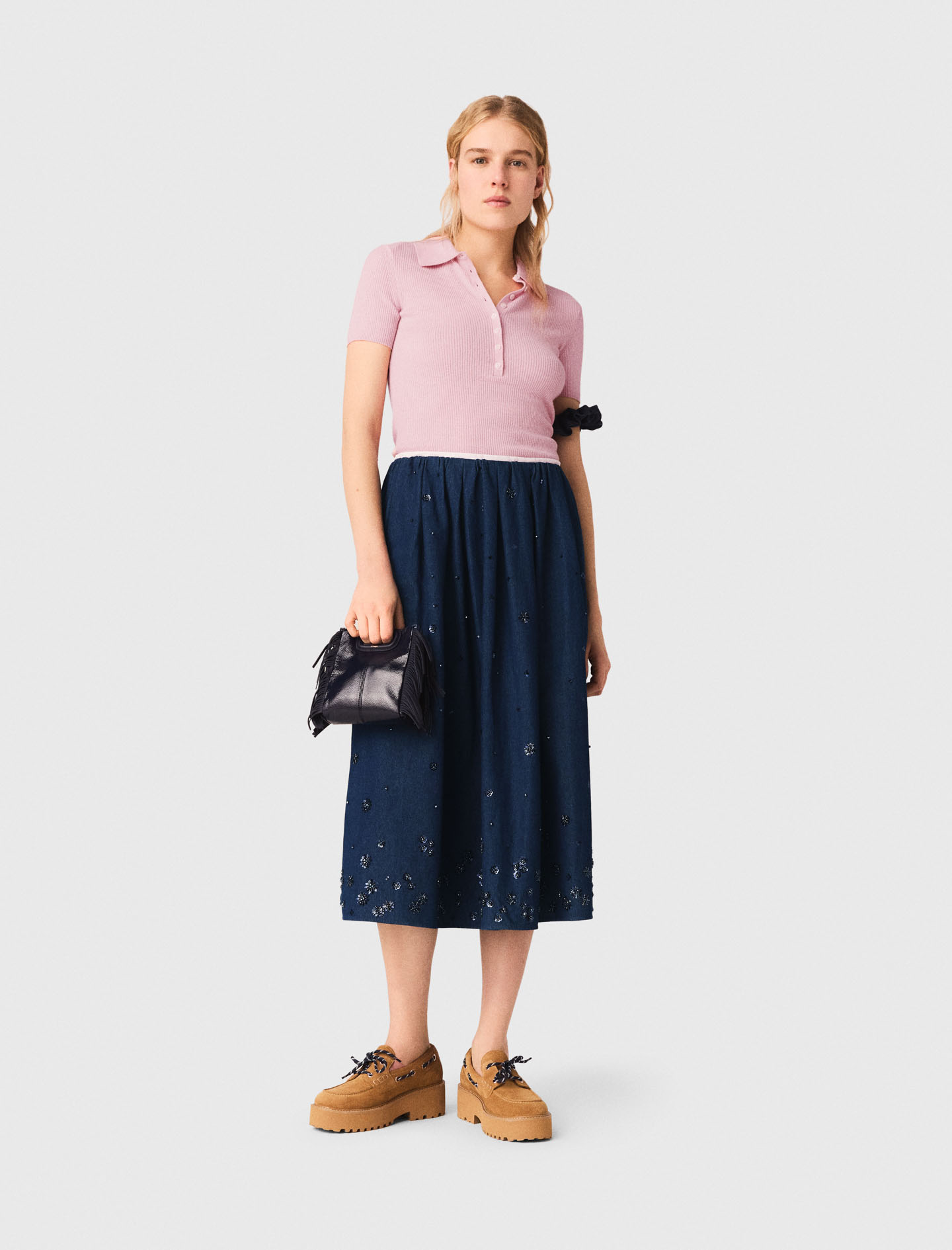 Embroidered Denim Midi Skirt - Navy - Size 14 - Maje