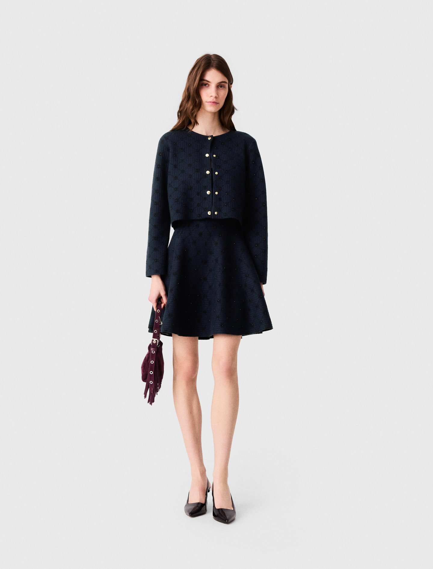 Jacquard Cardigan With Sequins - Navy - Size 8 - Maje
