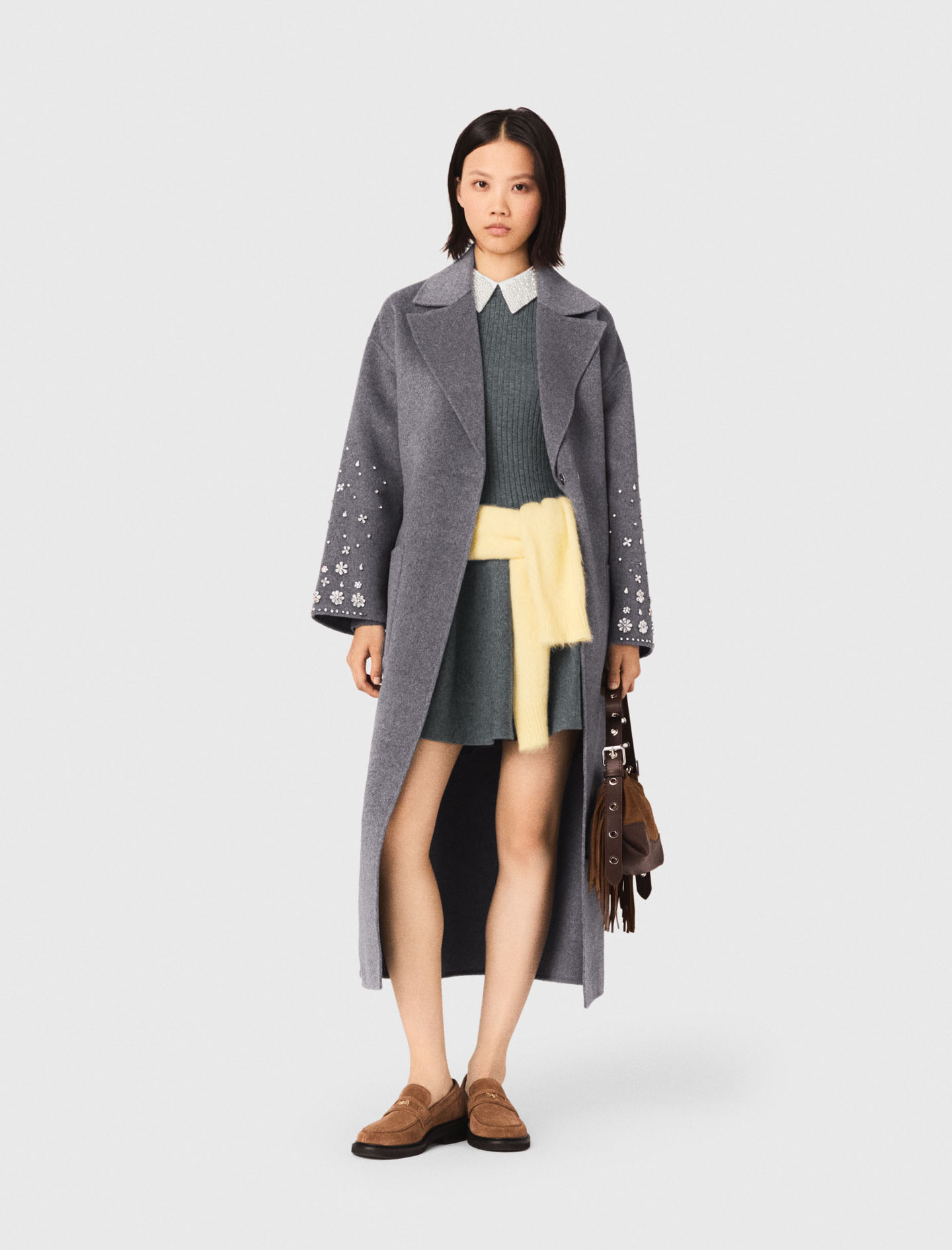 Long Double-faced Rhinestone Coat - Grey - Size 8 - Maje