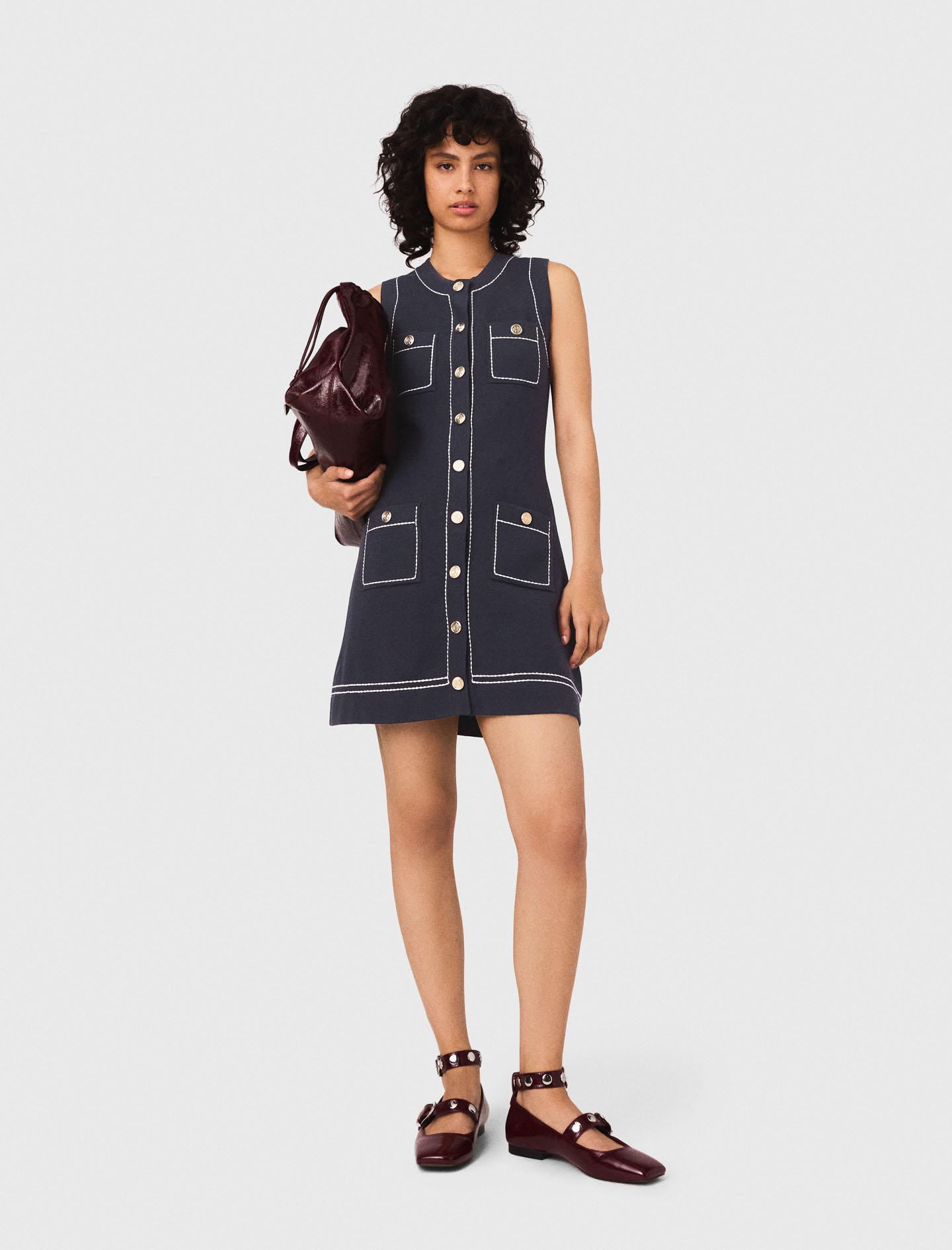 Maje Womens Navy Topstitched Patch-pocket Cotton-blend Mini Dress In Black