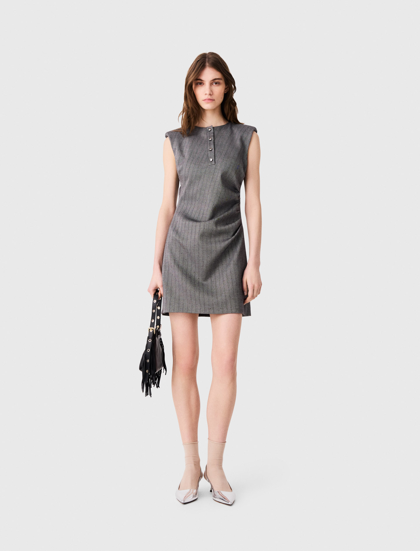 Short Rhinestone Tailored Dress - Grey - Size 6 - Maje