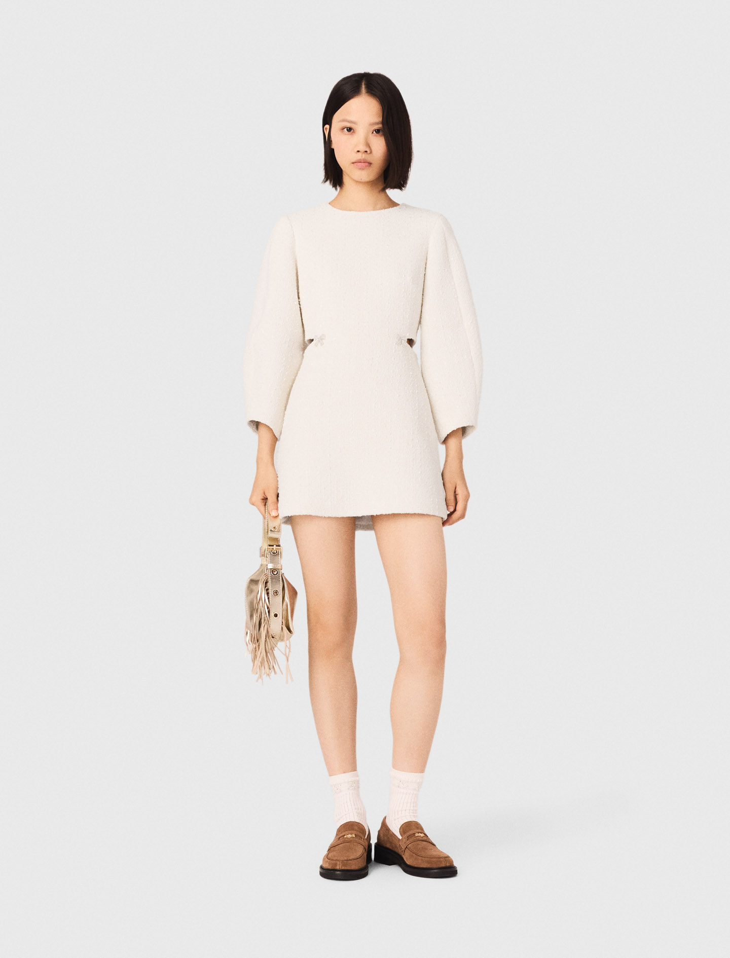 Short Balloon-sleeve Tweed Dress - Off White - Size 6 - Maje