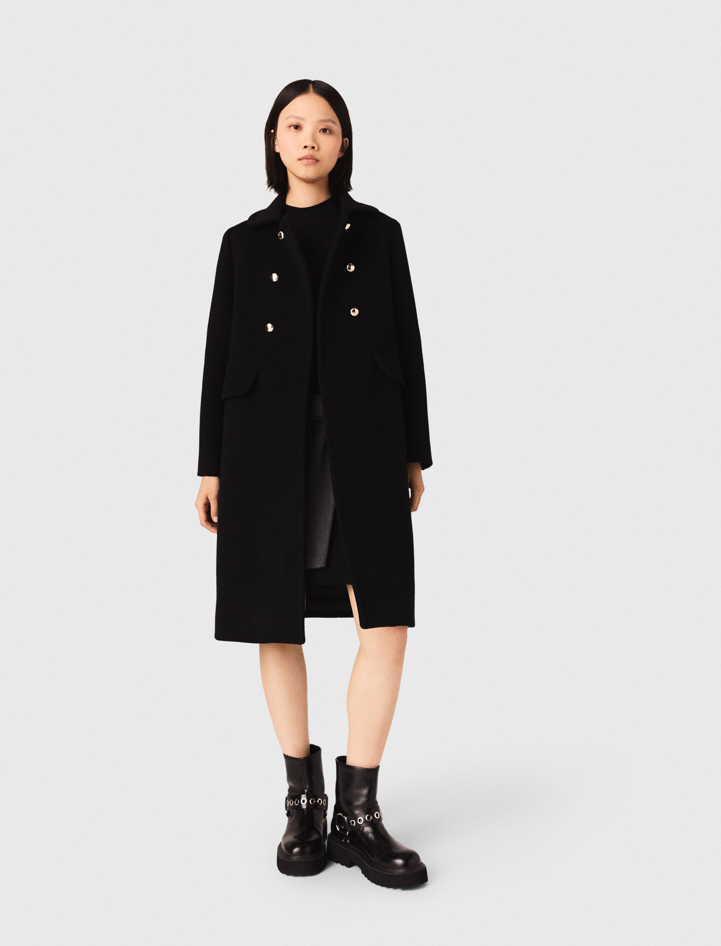 Long Wool Blend Coat - Black - Size 12 - Maje