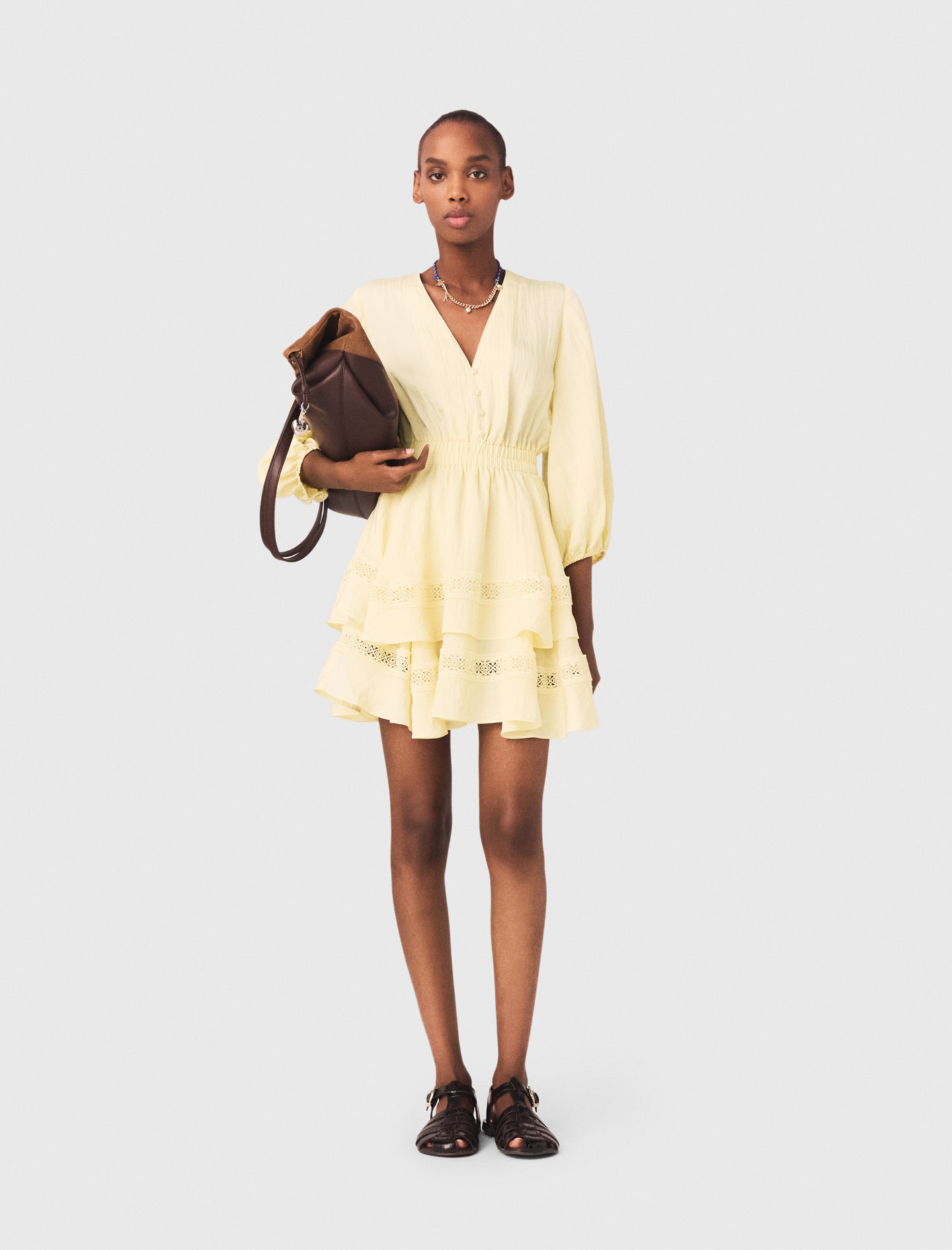 Short Ruffled Dress - Yellow - Size 8 - Maje