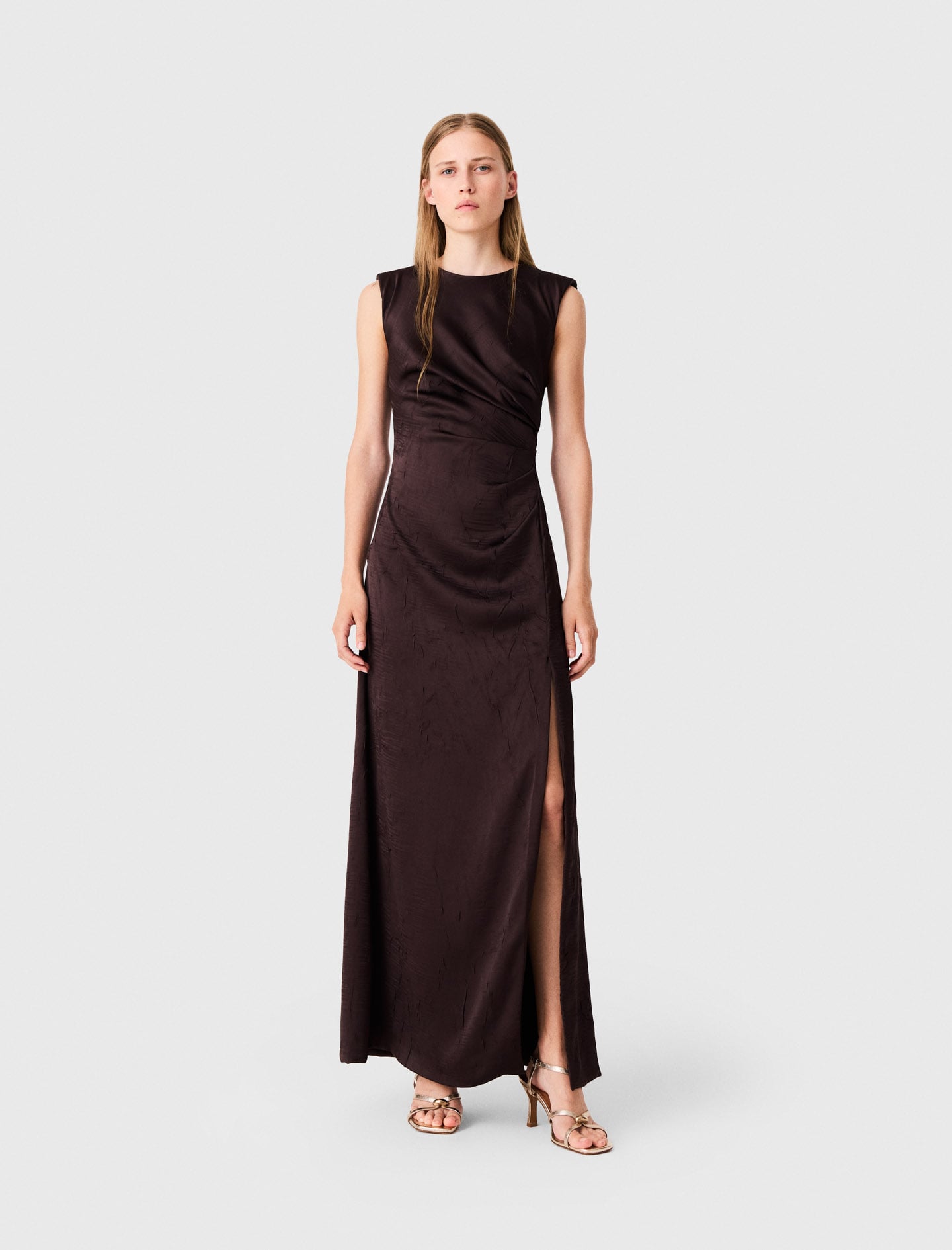 Maje Satin-effect Draped Maxi Dress In Brown