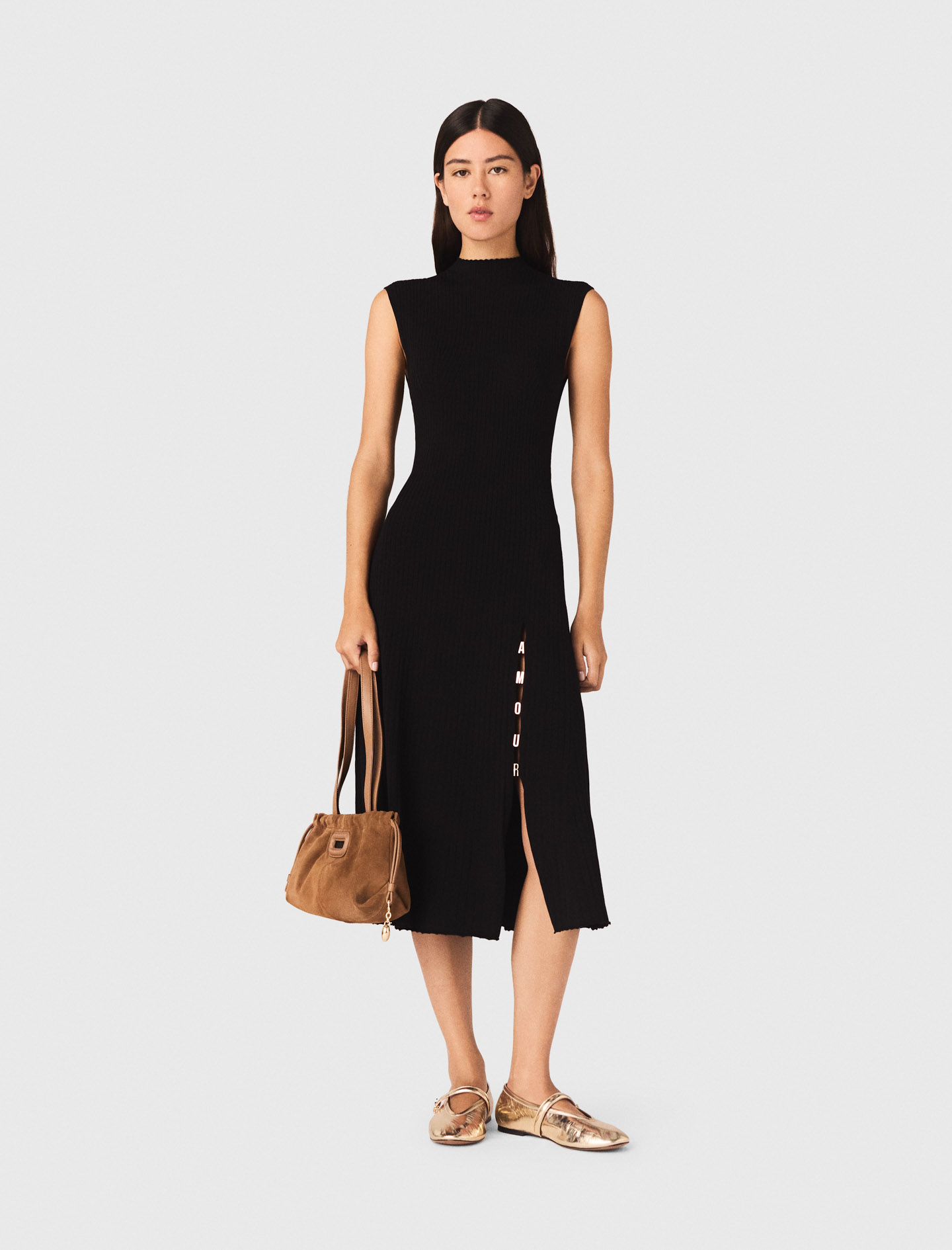 Ribbed Dress With Side Slit - Black - Size 10 - Maje