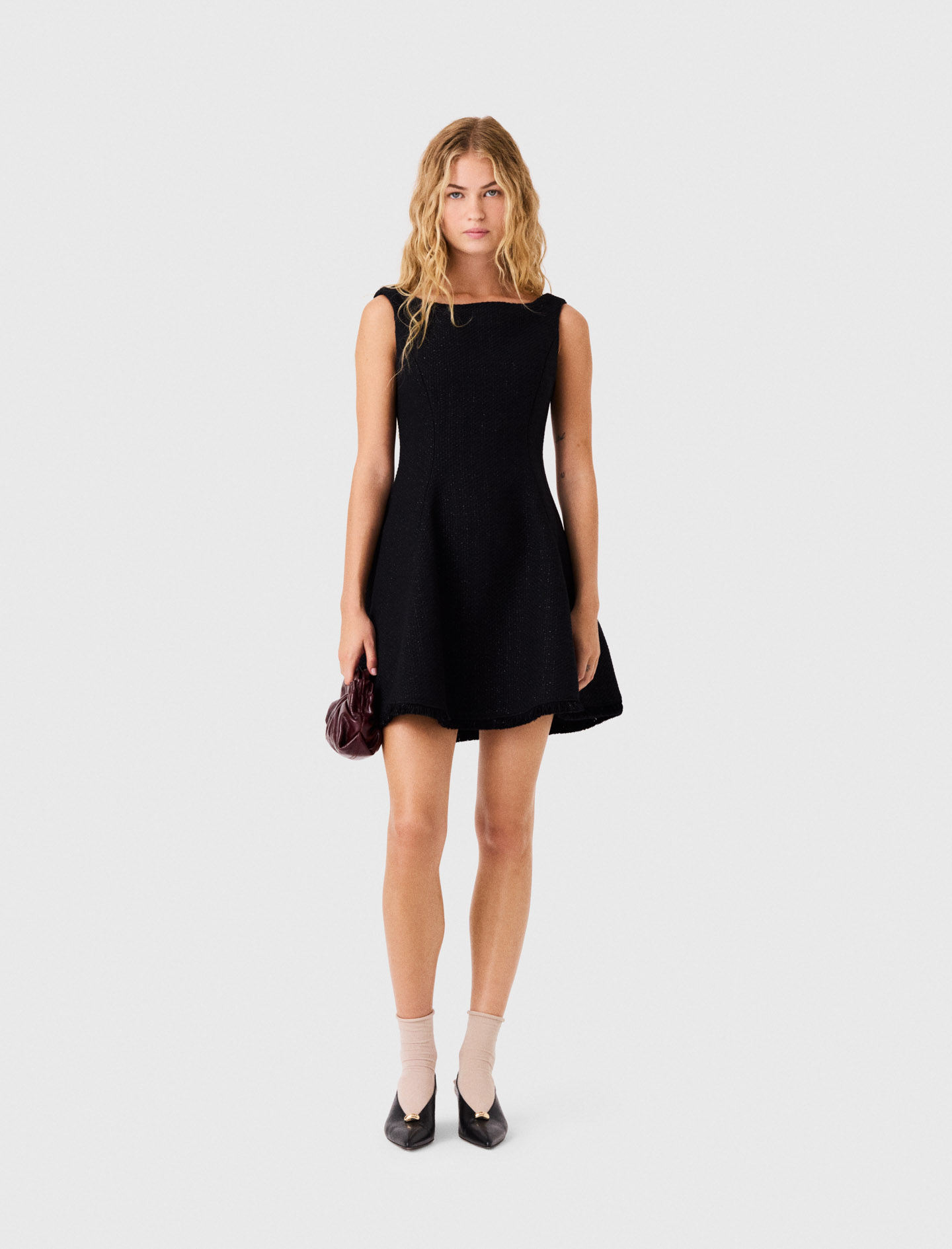 Short Fringed Tweed Dress - Black - Size 10 - Maje