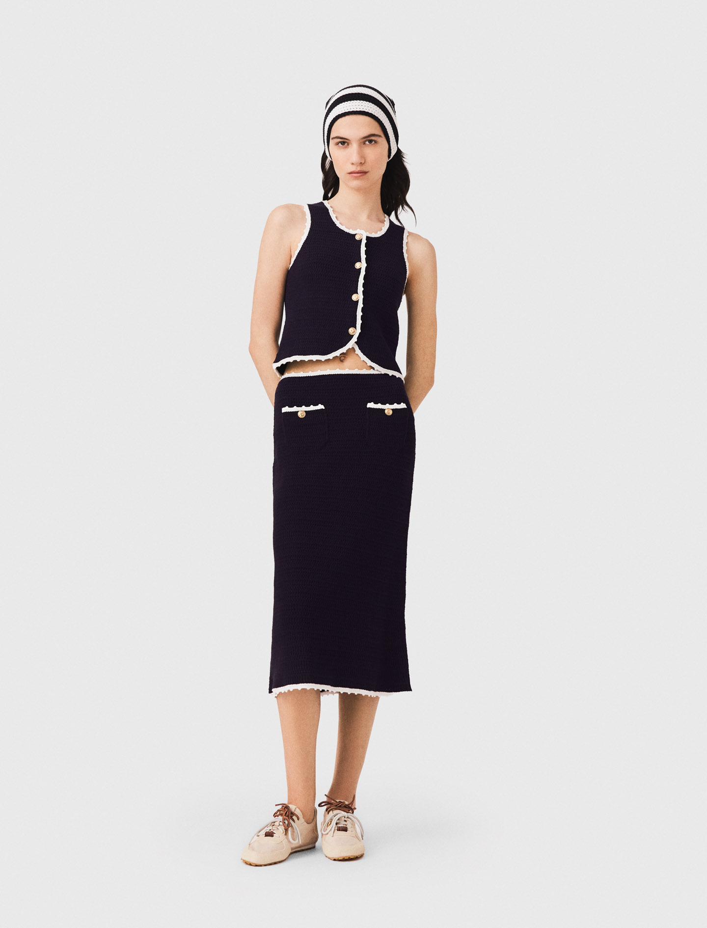 Midi Skirt With Crochet Trim - Navy - Size 12 - Maje