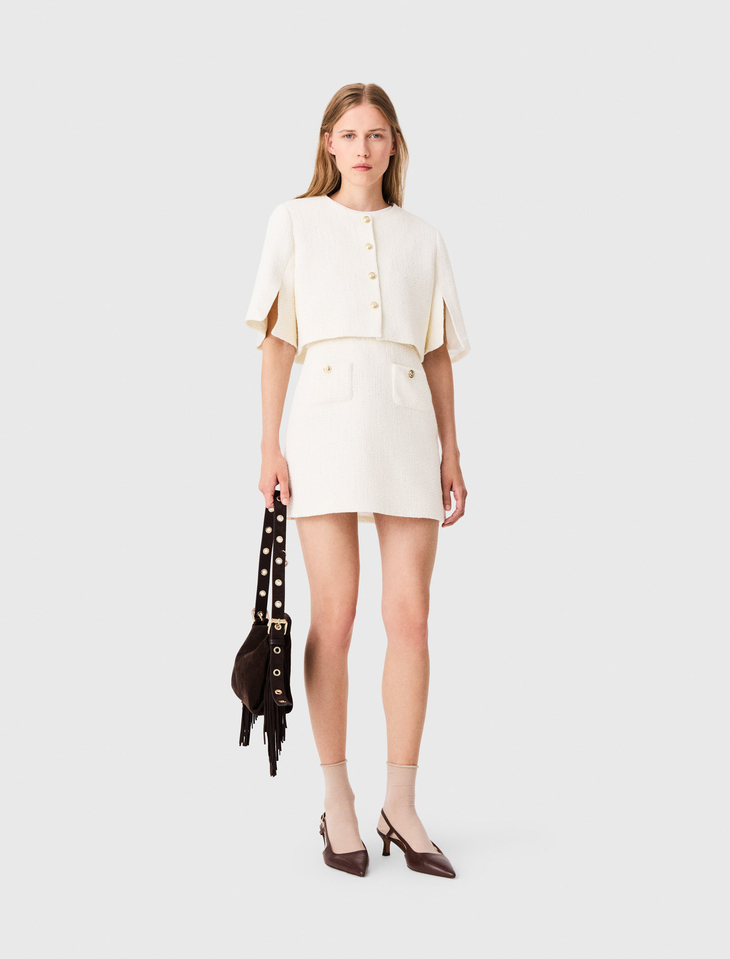 2-in-1 Tweed Dress - Off White - Size 10 - Maje