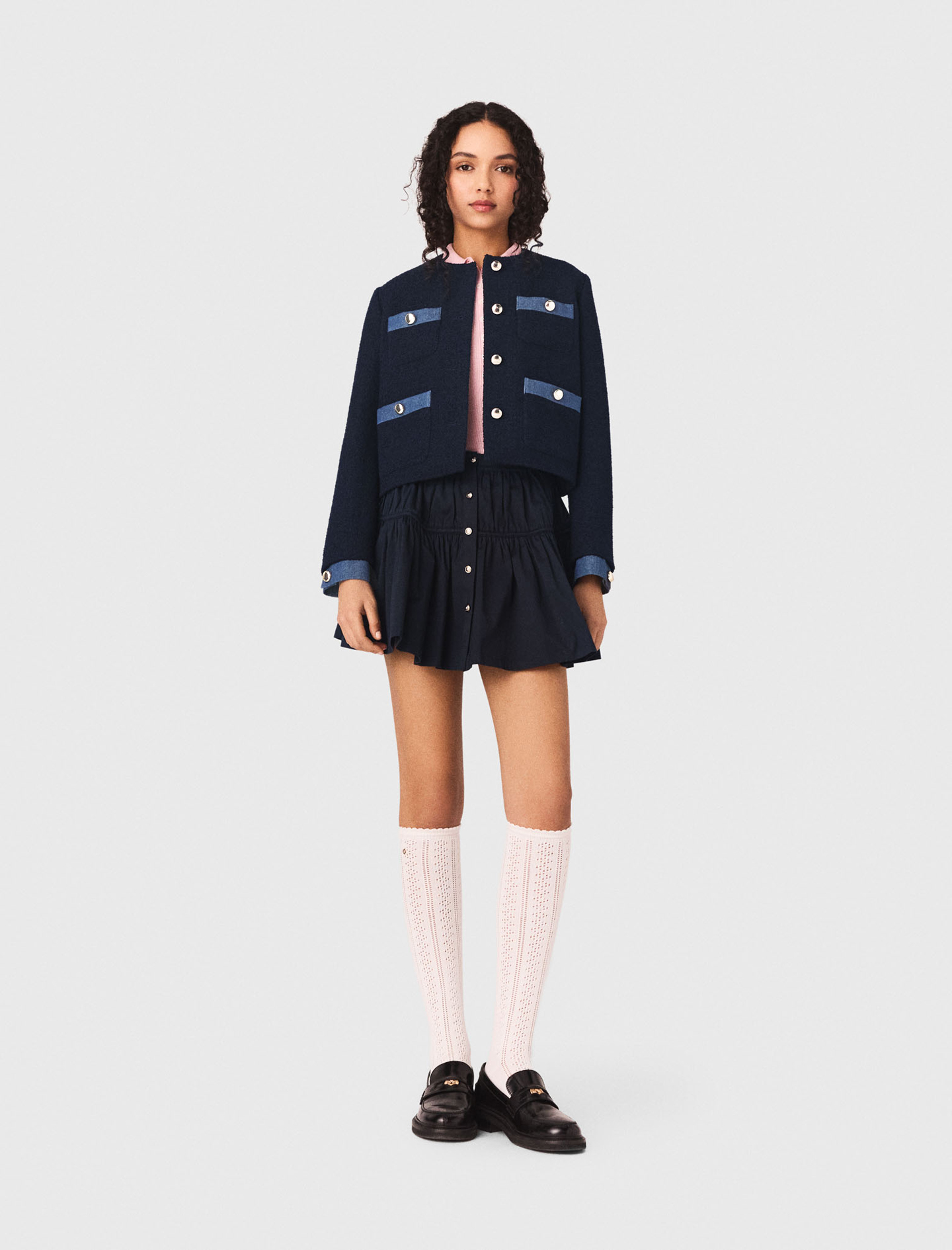 Tweed Jacket With Denim Trim - Navy - Size 6 - Maje