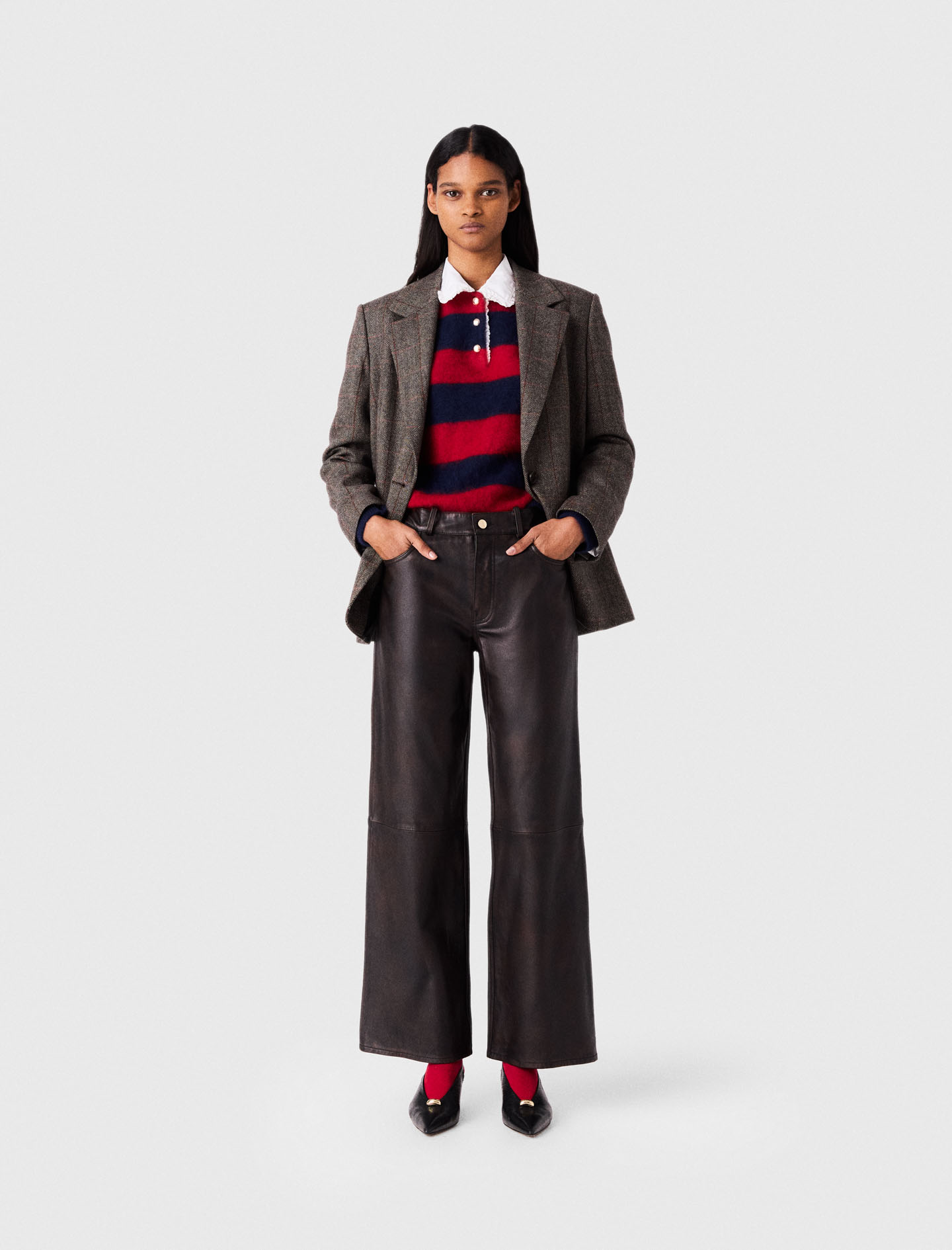 Leather Trousers - Dark Brown - Size 14 - Maje