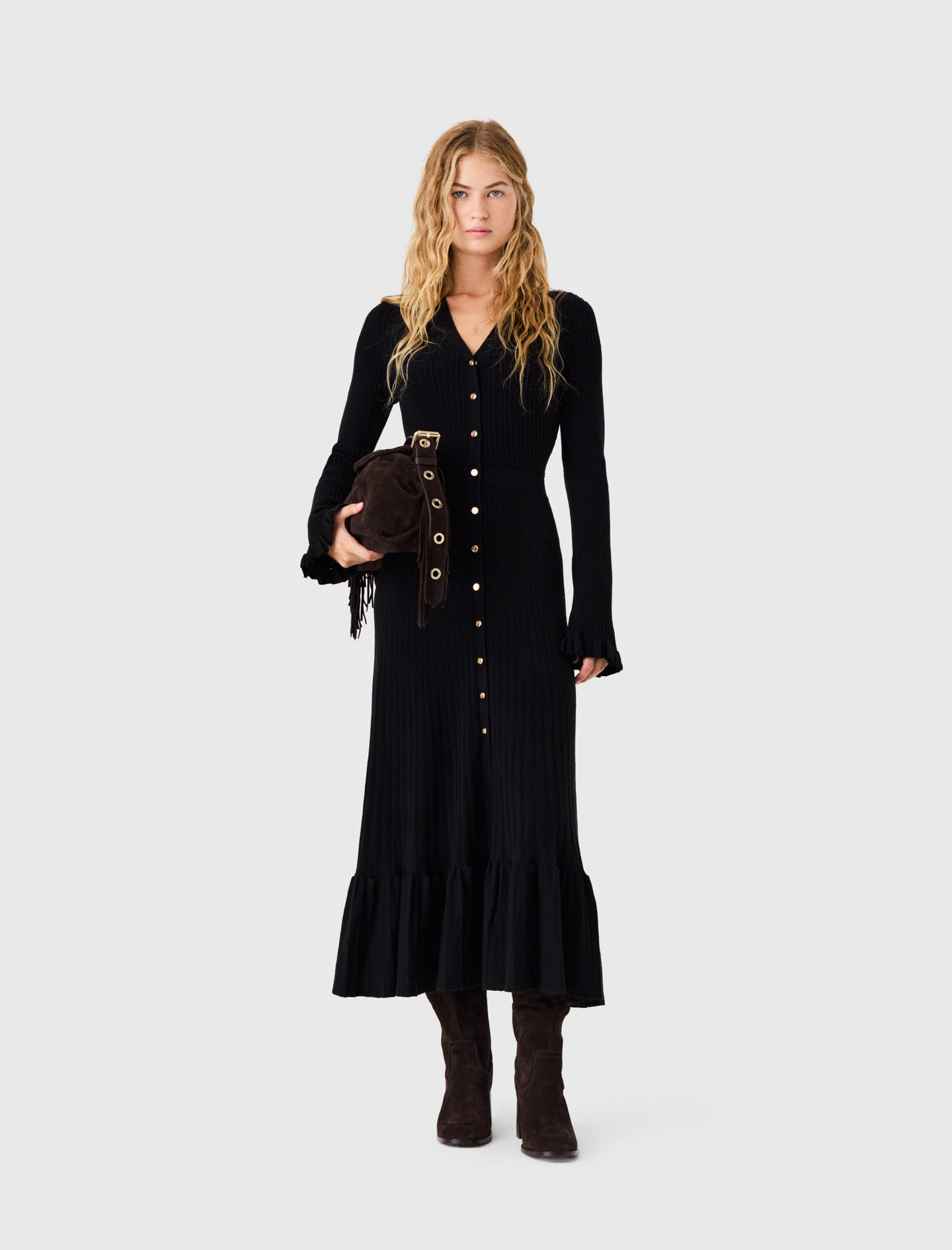 Ruffled Knit Maxi Dress - Black - Size 12 - Maje