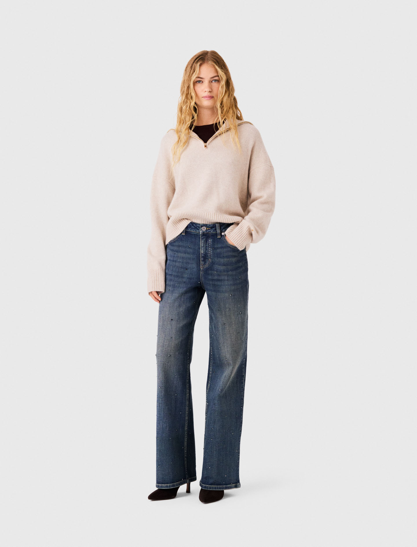 Wide-leg Rhinestone Jeans - Blue - Size 10 - Maje