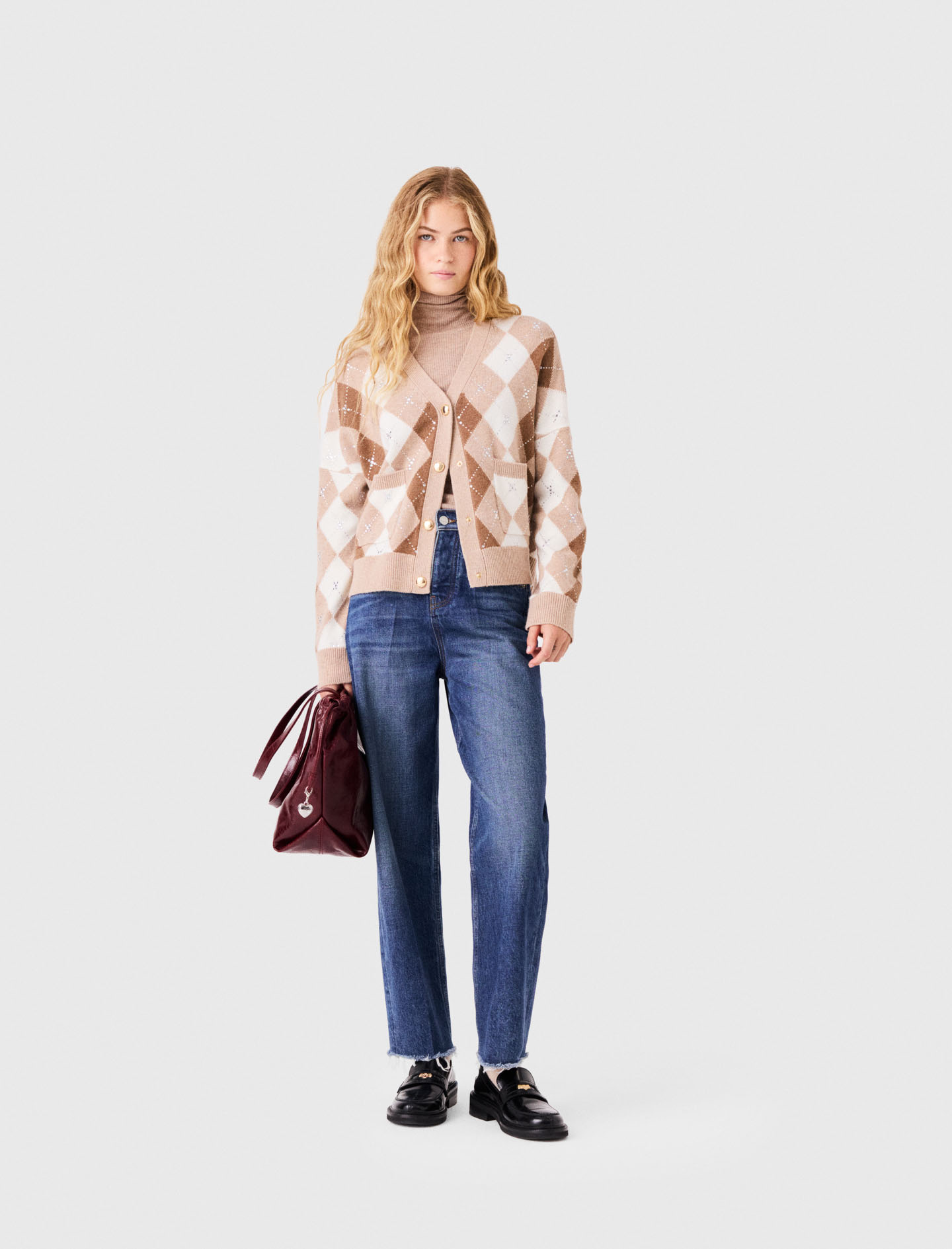 Rhinestone Argyle Cardigan - Beige - Size 6 - Maje