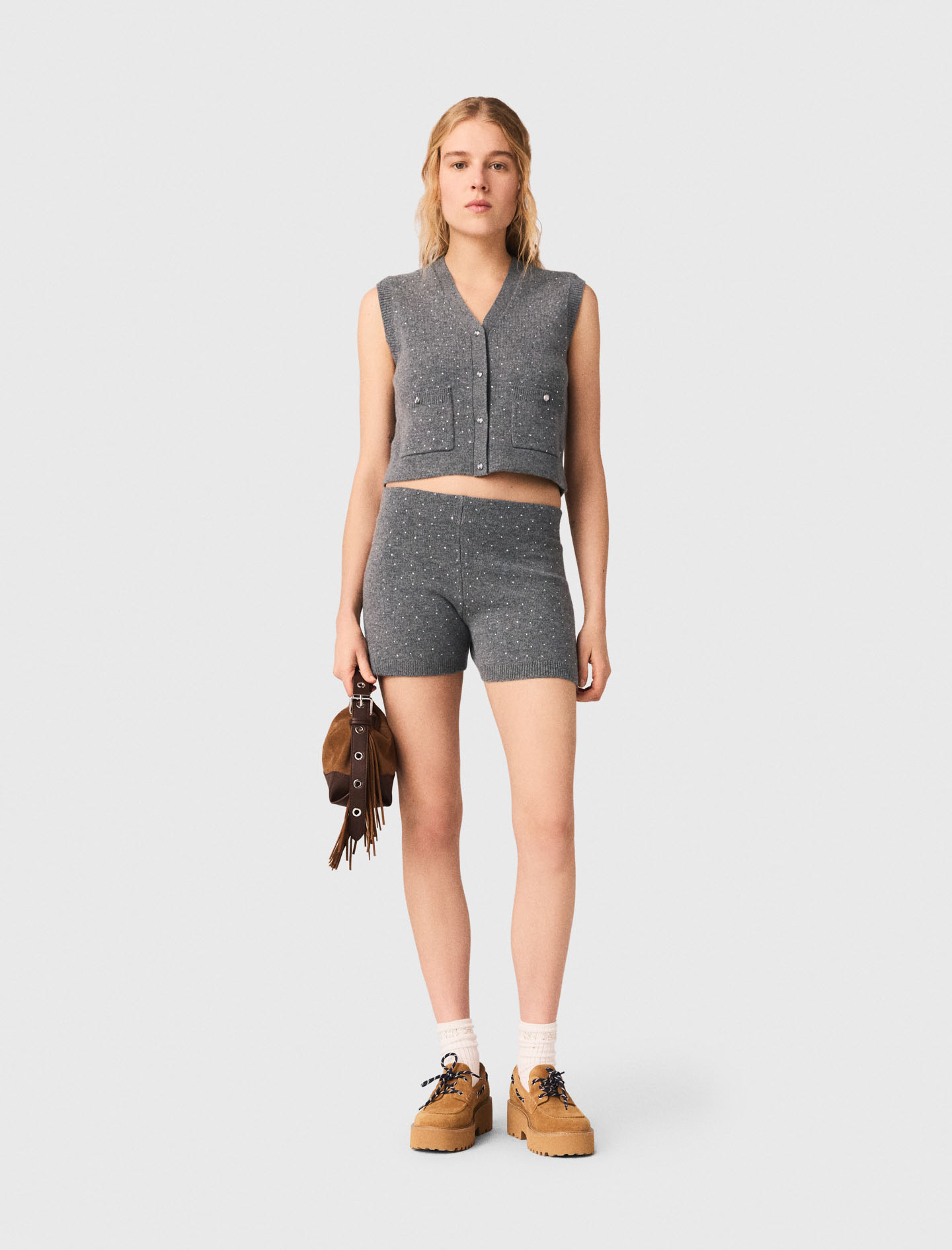 Rhinestone Knit Top - Grey - Size 12 - Maje