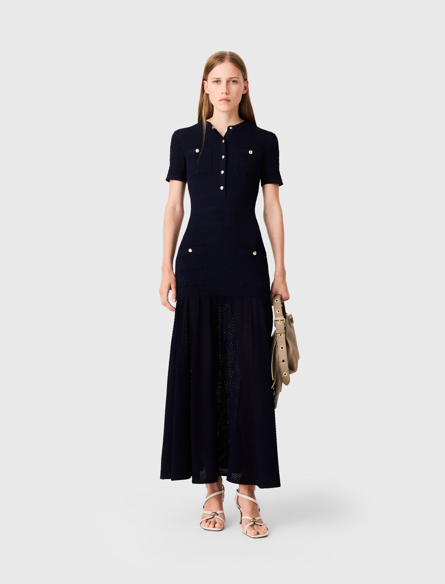 Maje Pointelle Knit Maxi Dress In Blue