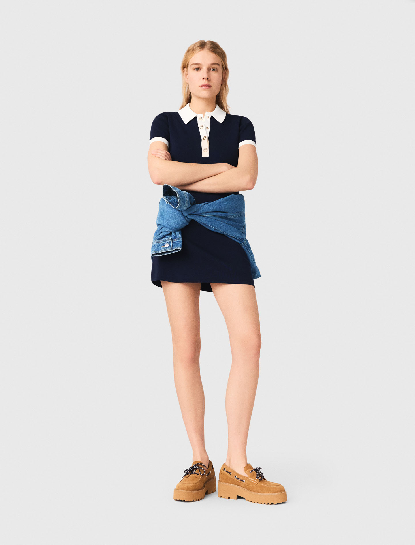 Contrast-trim Polo Dress - Navy - Size 8 - Maje