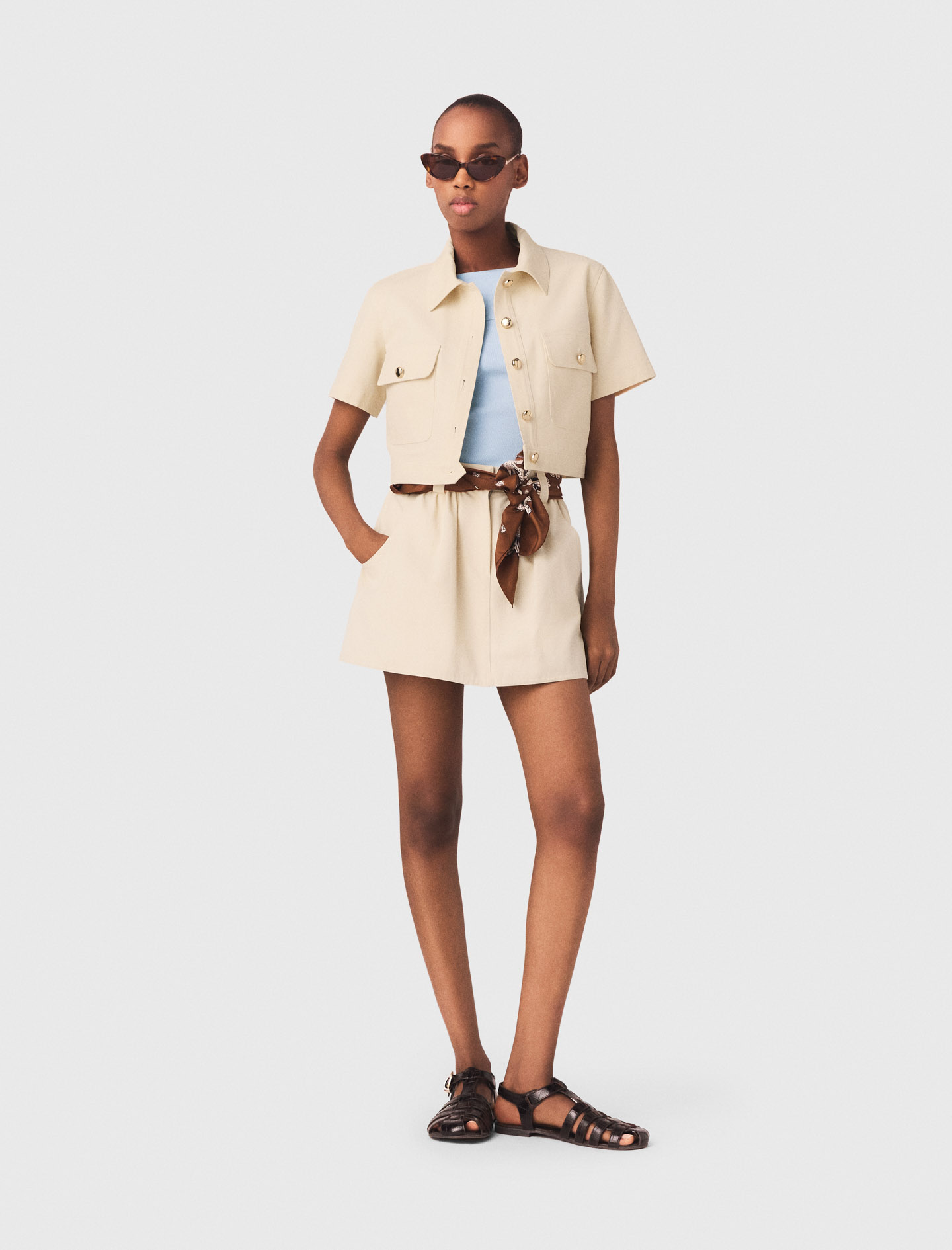 Short-sleeved Cropped Jacket - Off White - Size 12 - Maje