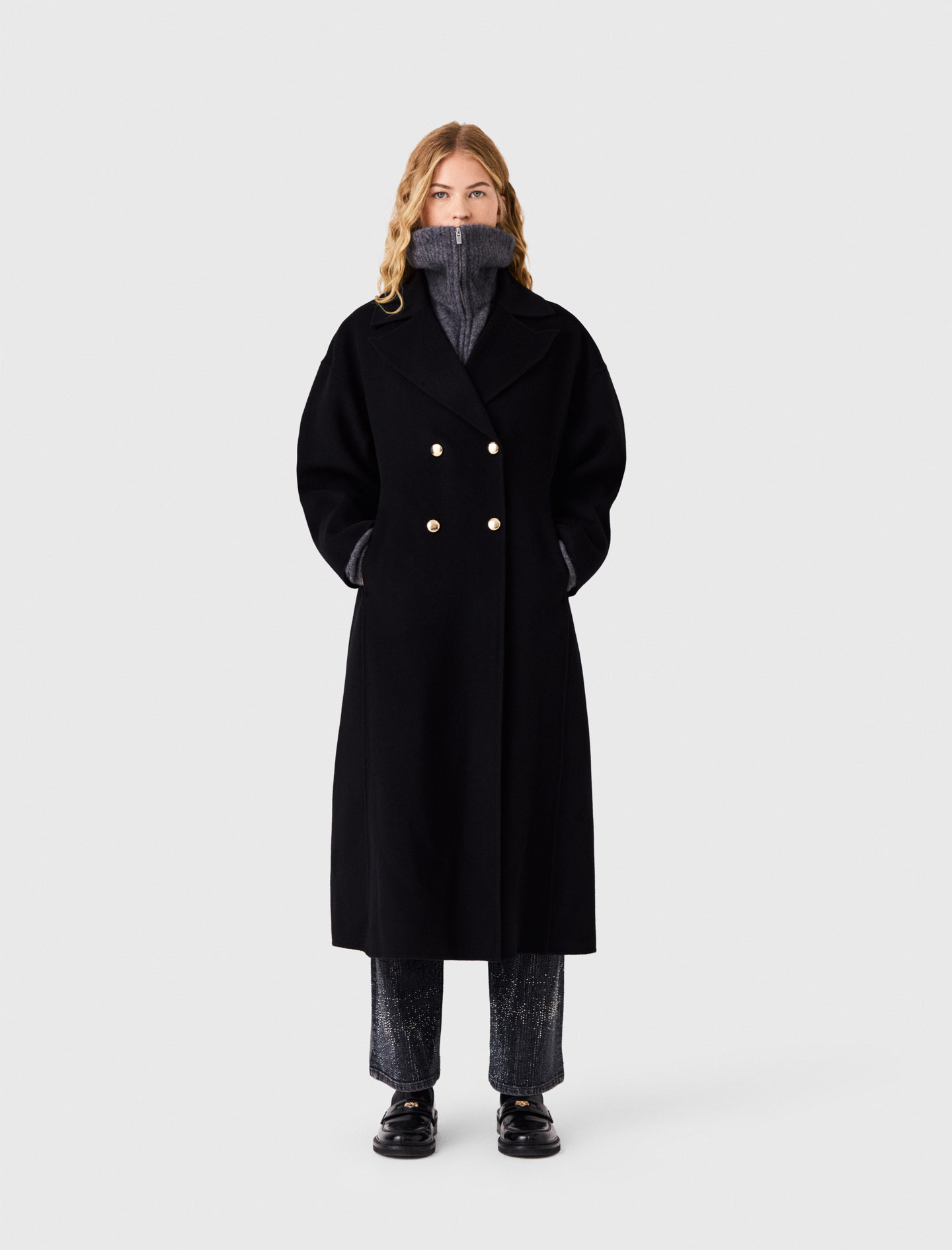 Long Double-breasted Wool Coat - Black - Size 14 - Maje