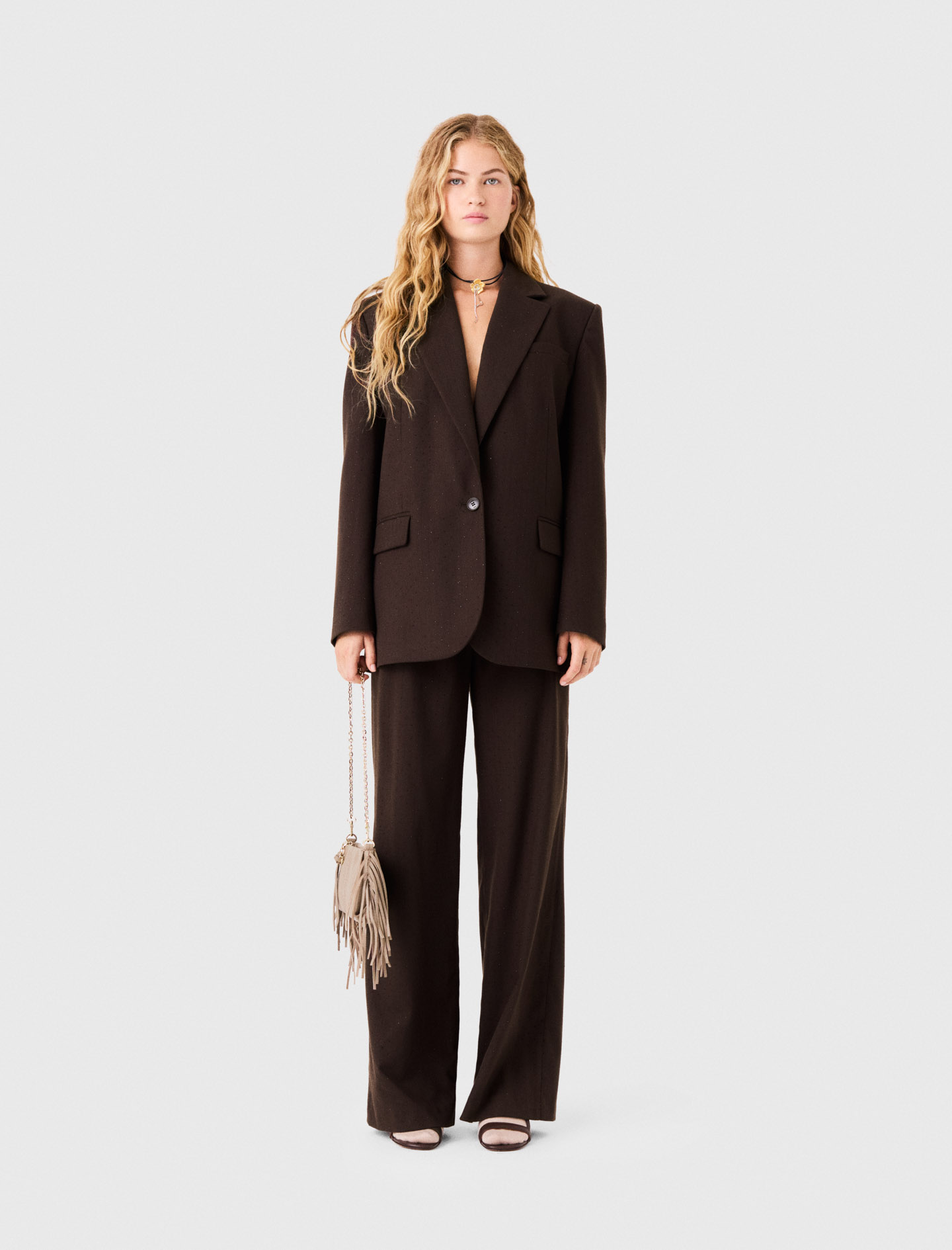 Rhinestone Suit Jacket - Brown - Size 10 - Maje