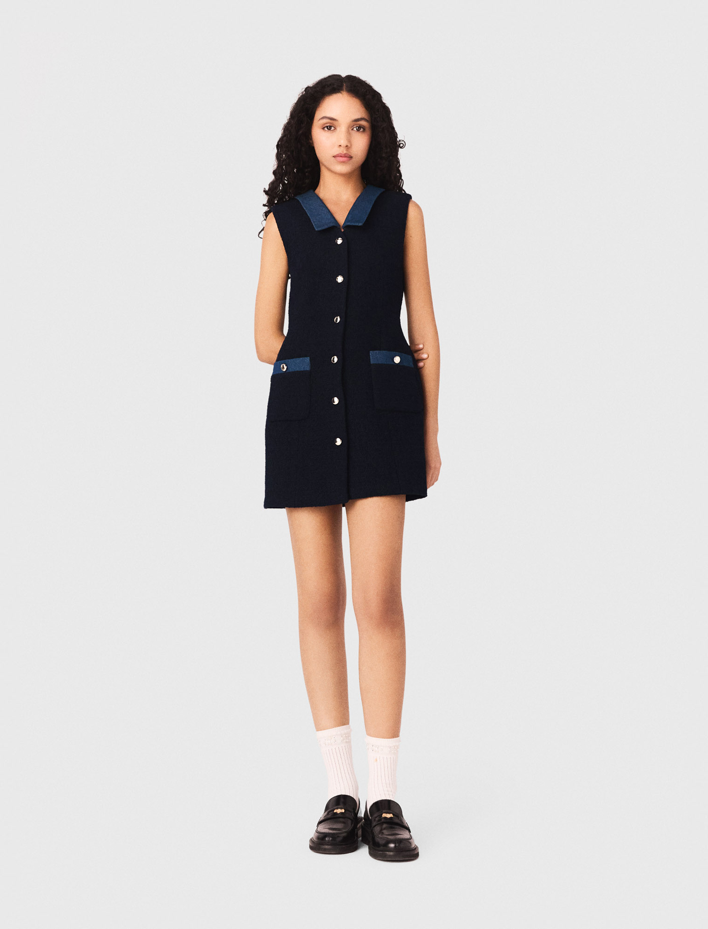 Tweed Dress With Denim Details - Navy - Size 12 - Maje
