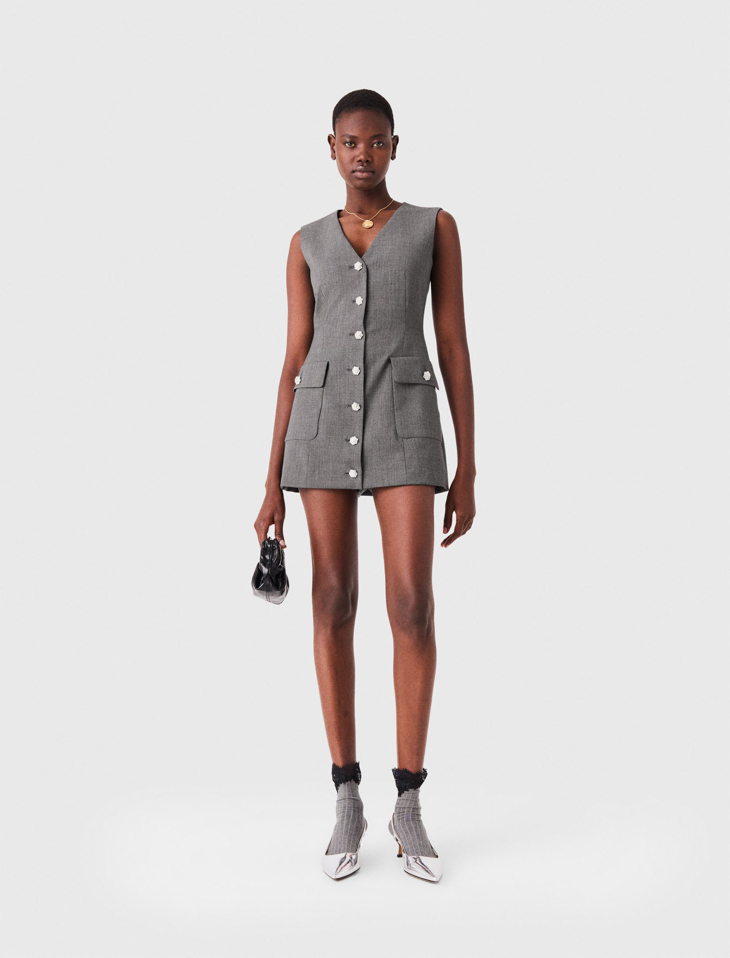 Jewel Button Tailored Jumpsuit - Grey - Size 10 - Maje