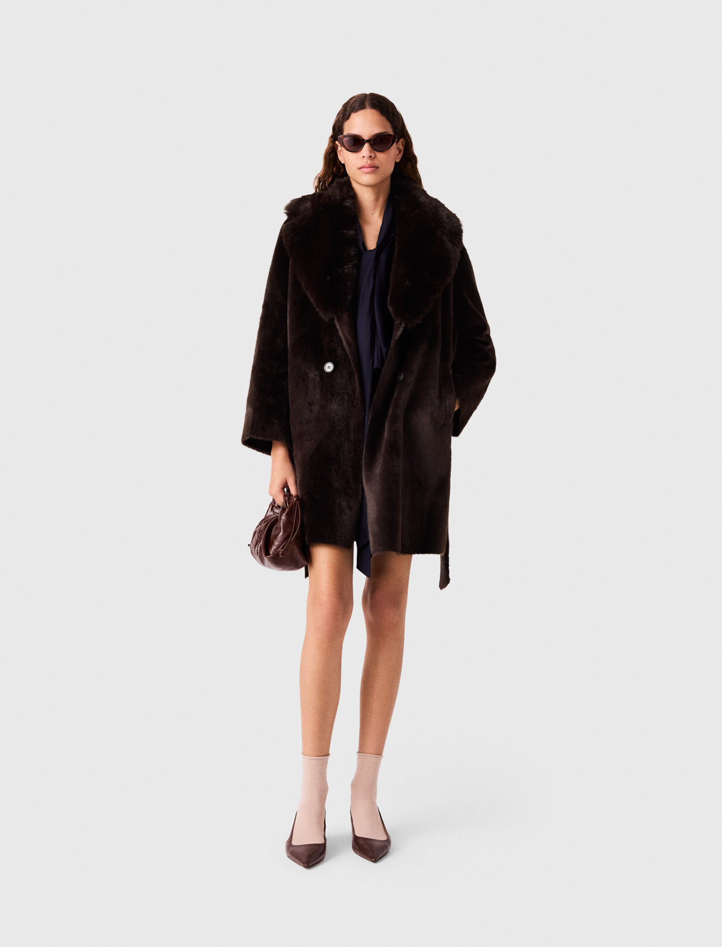 Mid-length Faux Fur Coat - Dark Brown - Size 6 - Maje