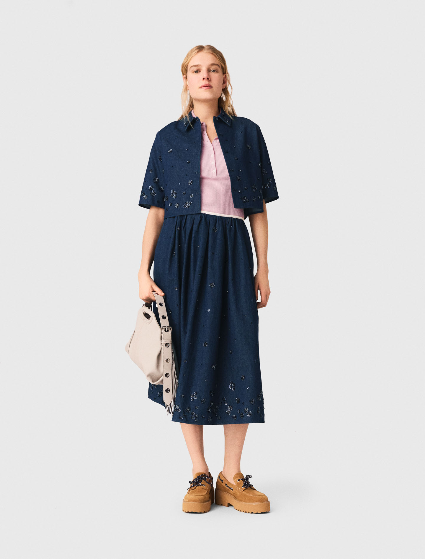 Embroidered Cropped Denim Shirt - Navy - Size 12 - Maje