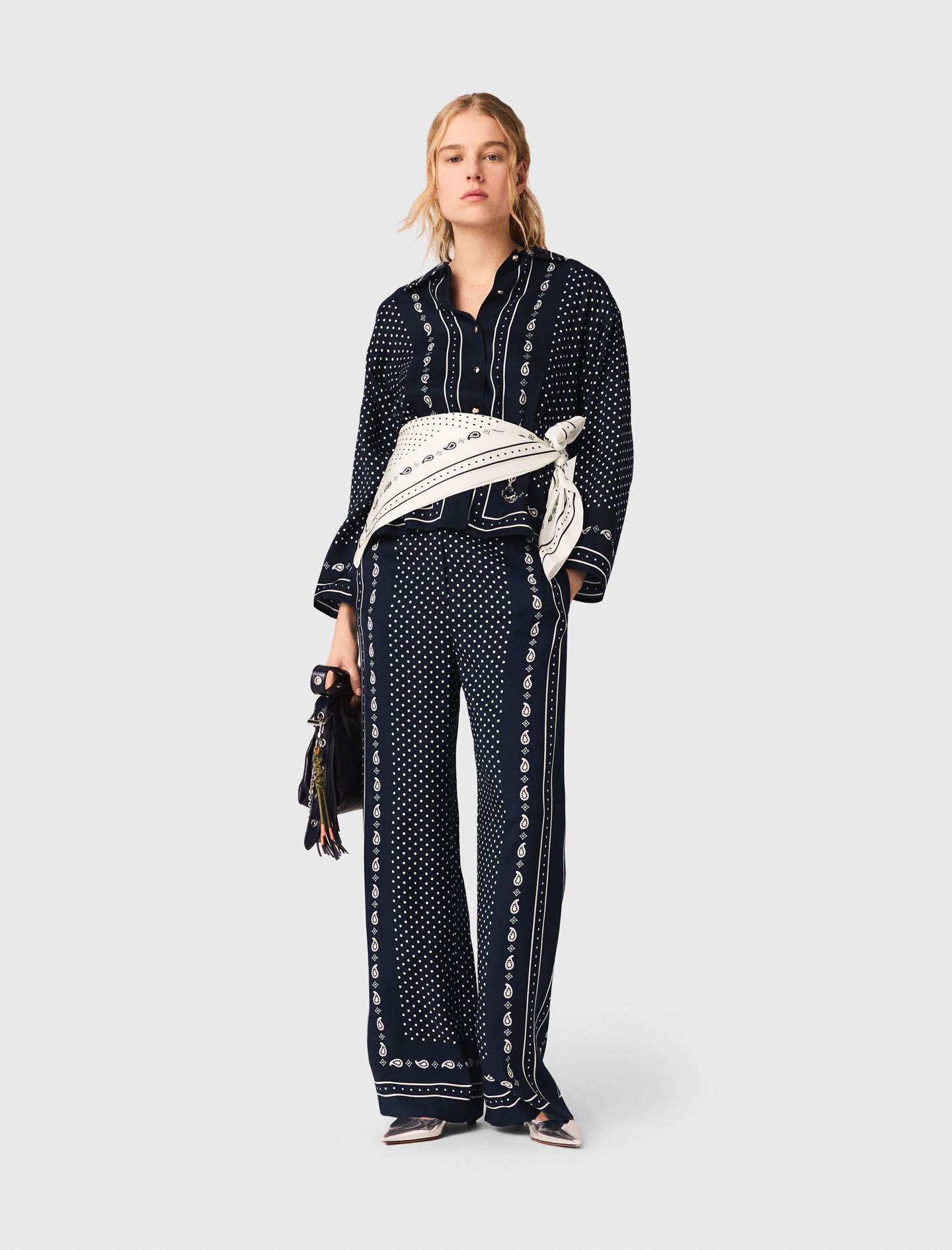 Printed Fluid Trousers - Navy Dot Bandana Print - Size 12 - Maje