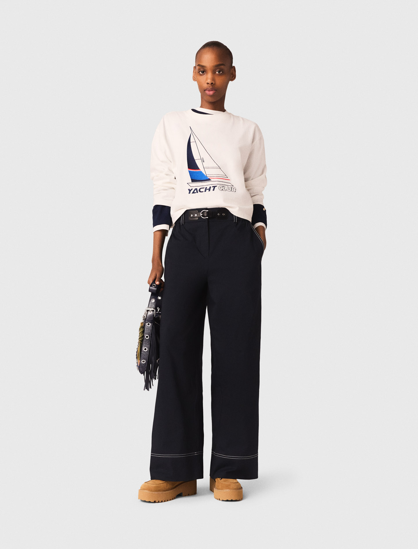 Cotton Trousers With Leather Belt - Navy - Size 10 - Maje