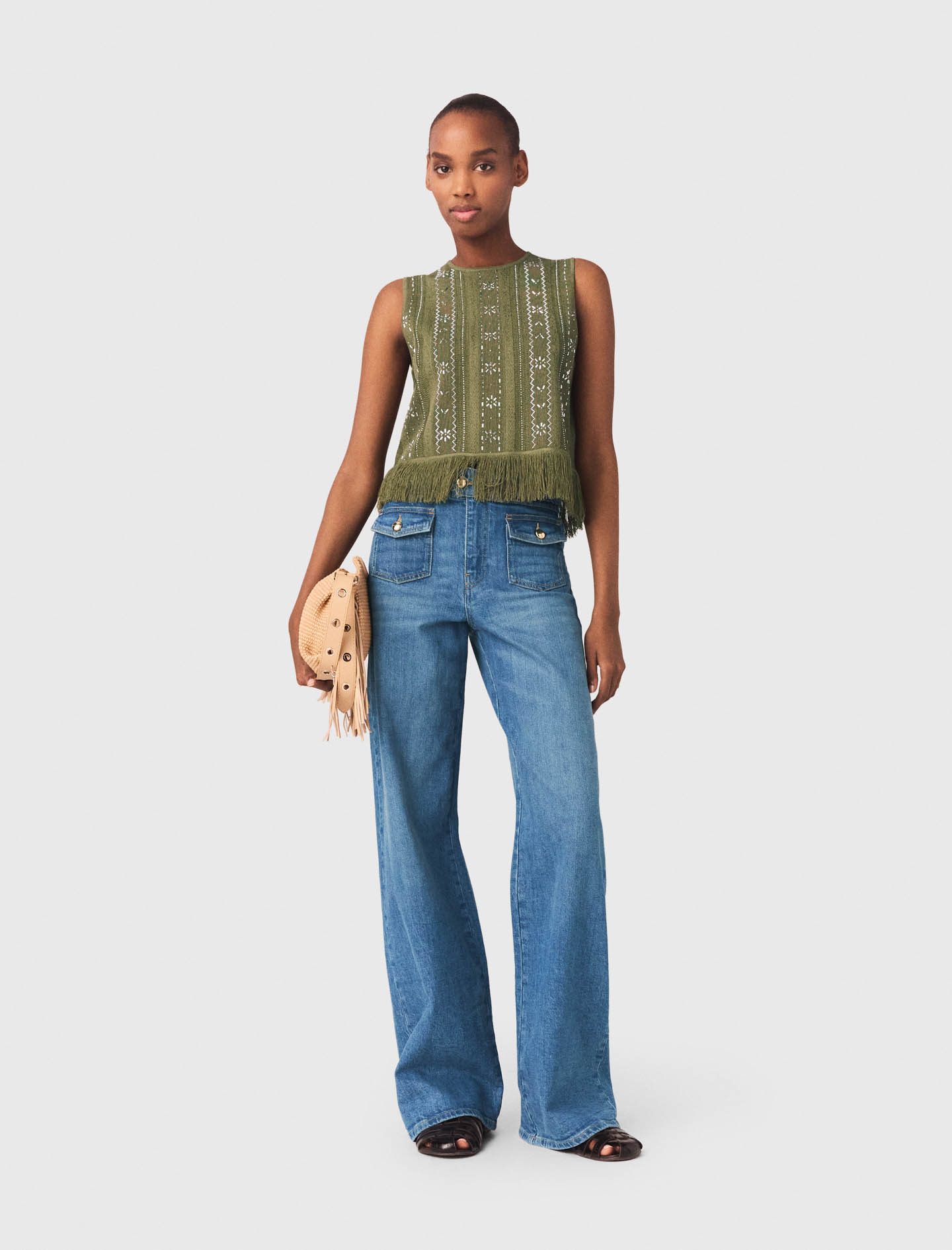 Fringed Rhinestone Flower Top - Khaki - Size 12 - Maje