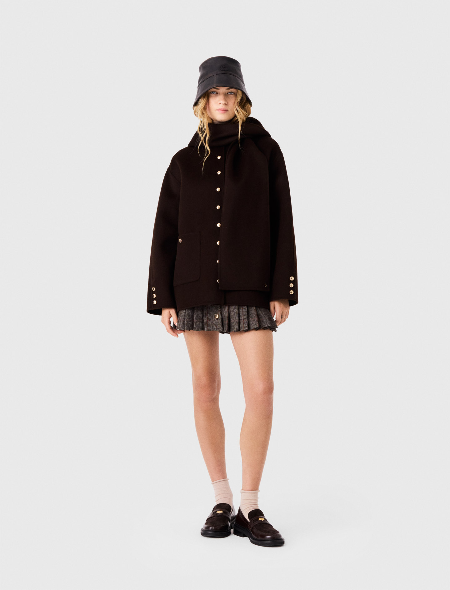 Wool Coat With Removable Scarf - Dark Brown - Size 12 - Maje