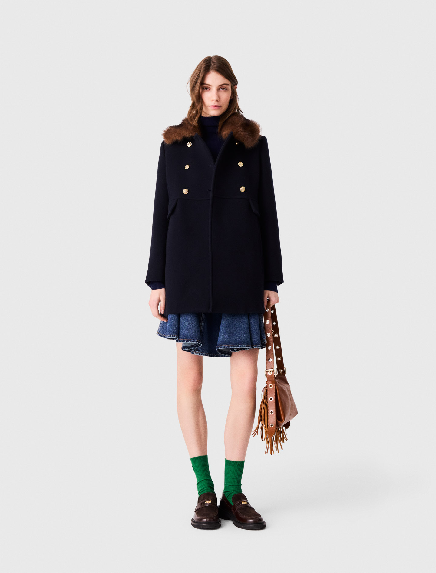 Wool Blend Coat - Navy - Size 8 - Maje