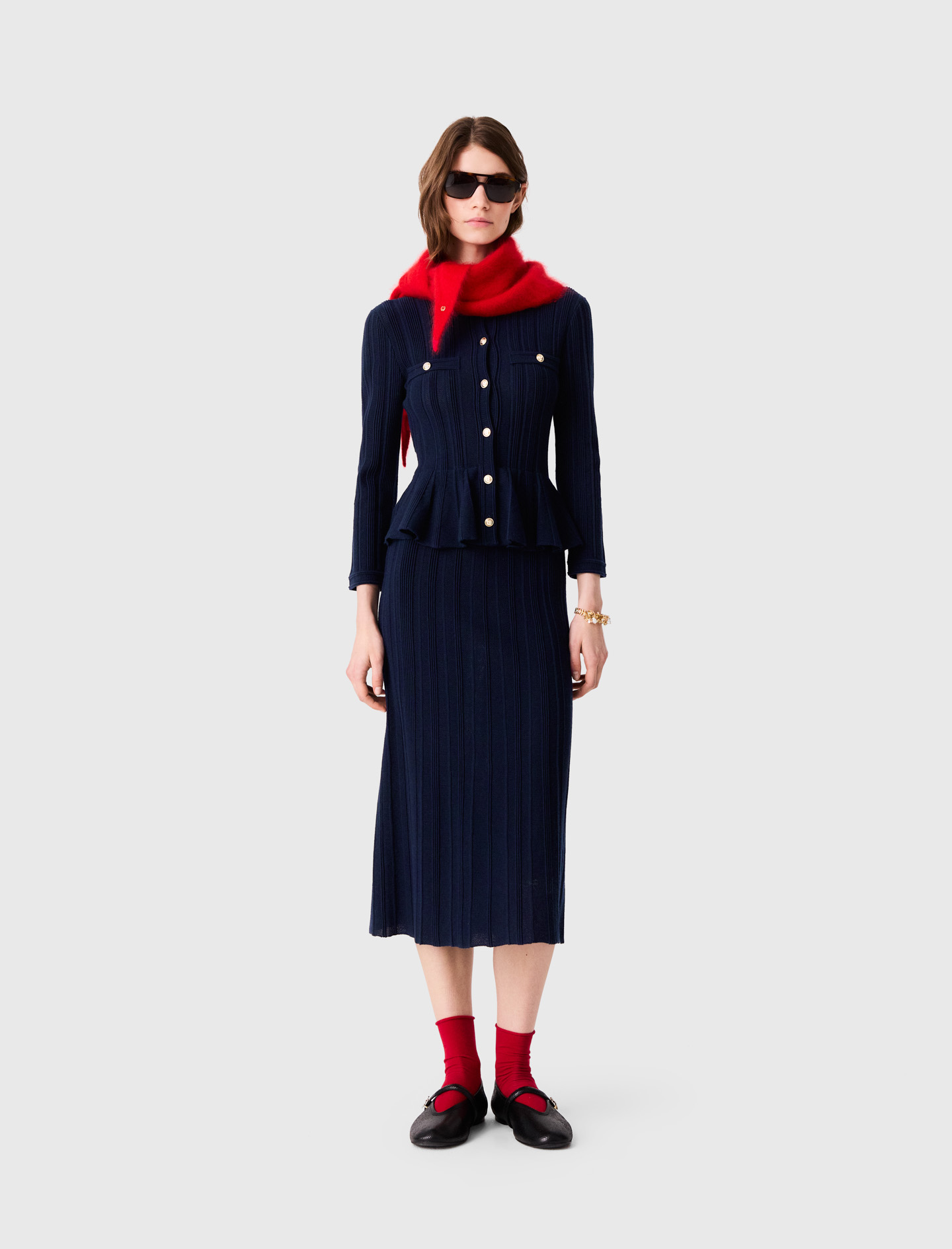 Knit Dress With Peplum Waist - Navy - Size 6 - Maje
