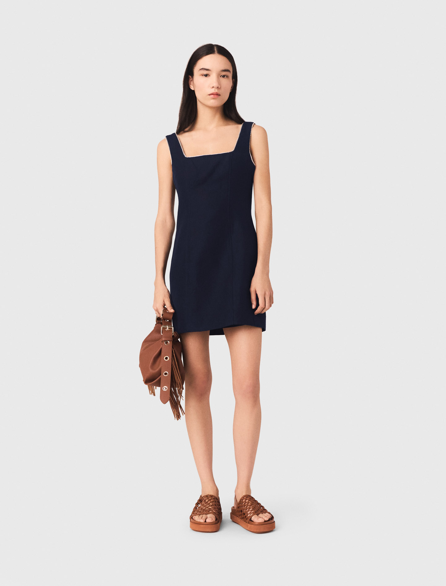 Short Linen-blend Dress - Navy - Size 6 - Maje