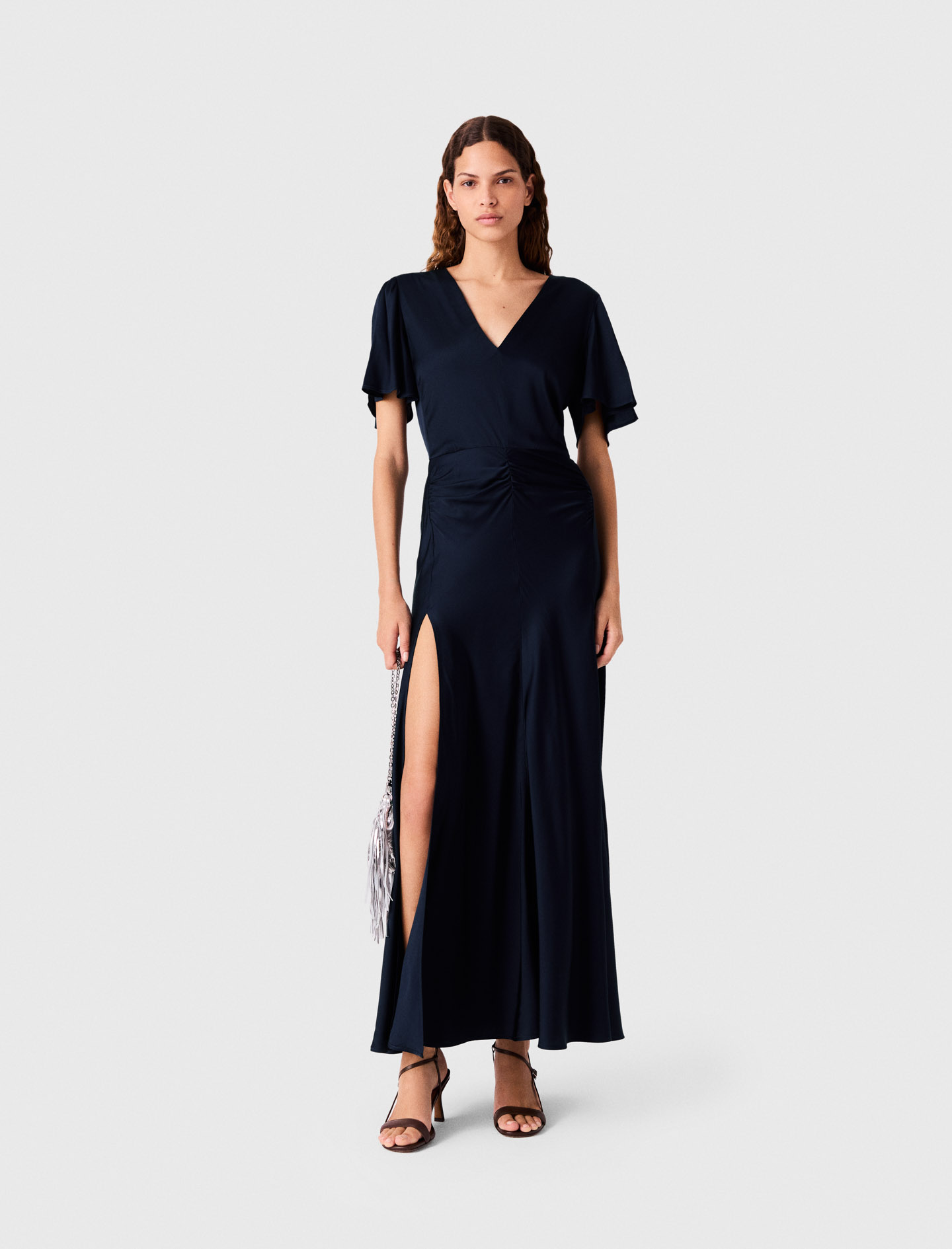 Draped Satin Maxi Dress - Navy - Size 8 - Maje