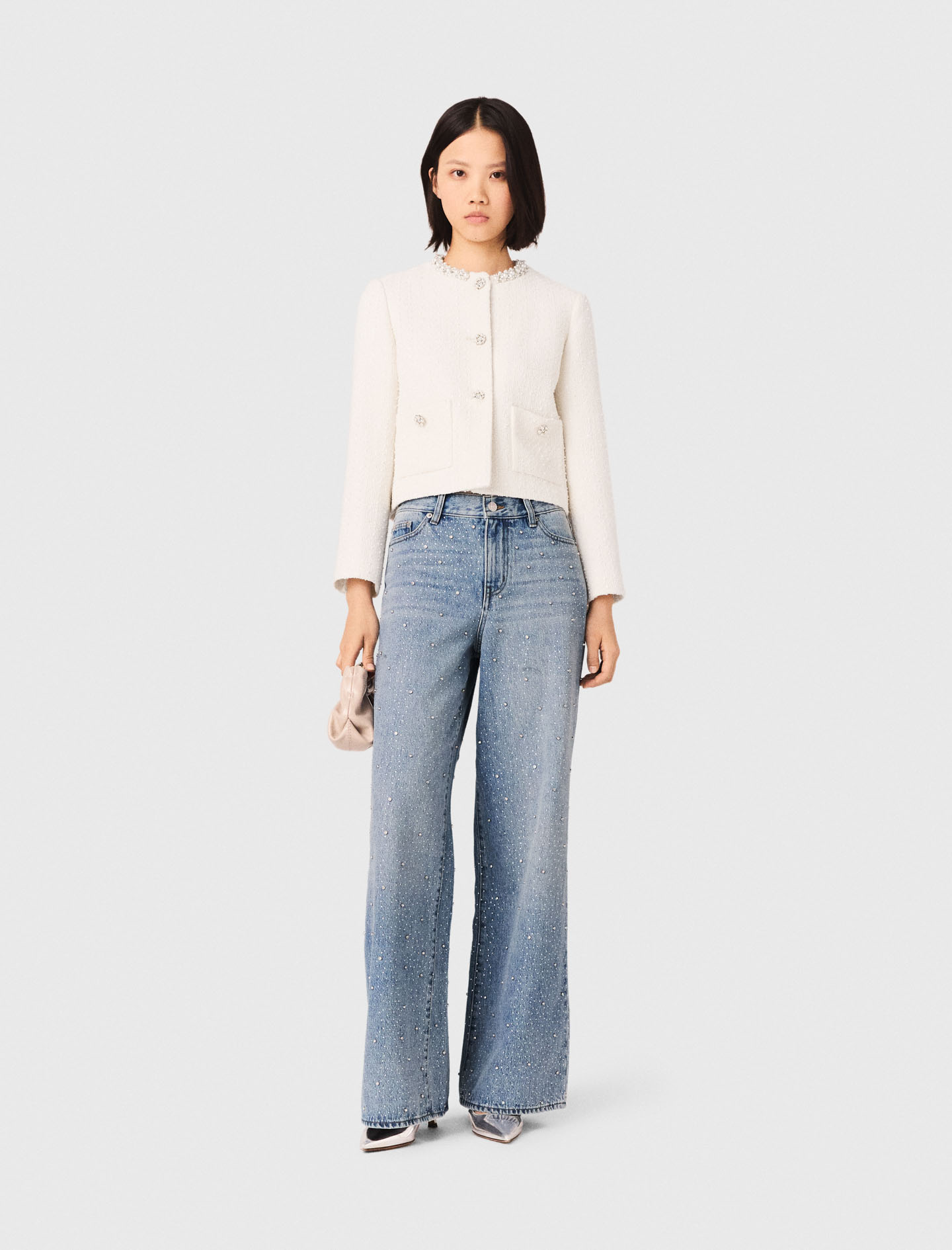 Pearl-trimmed Tweed Jacket - Off White - Size 10 - Maje