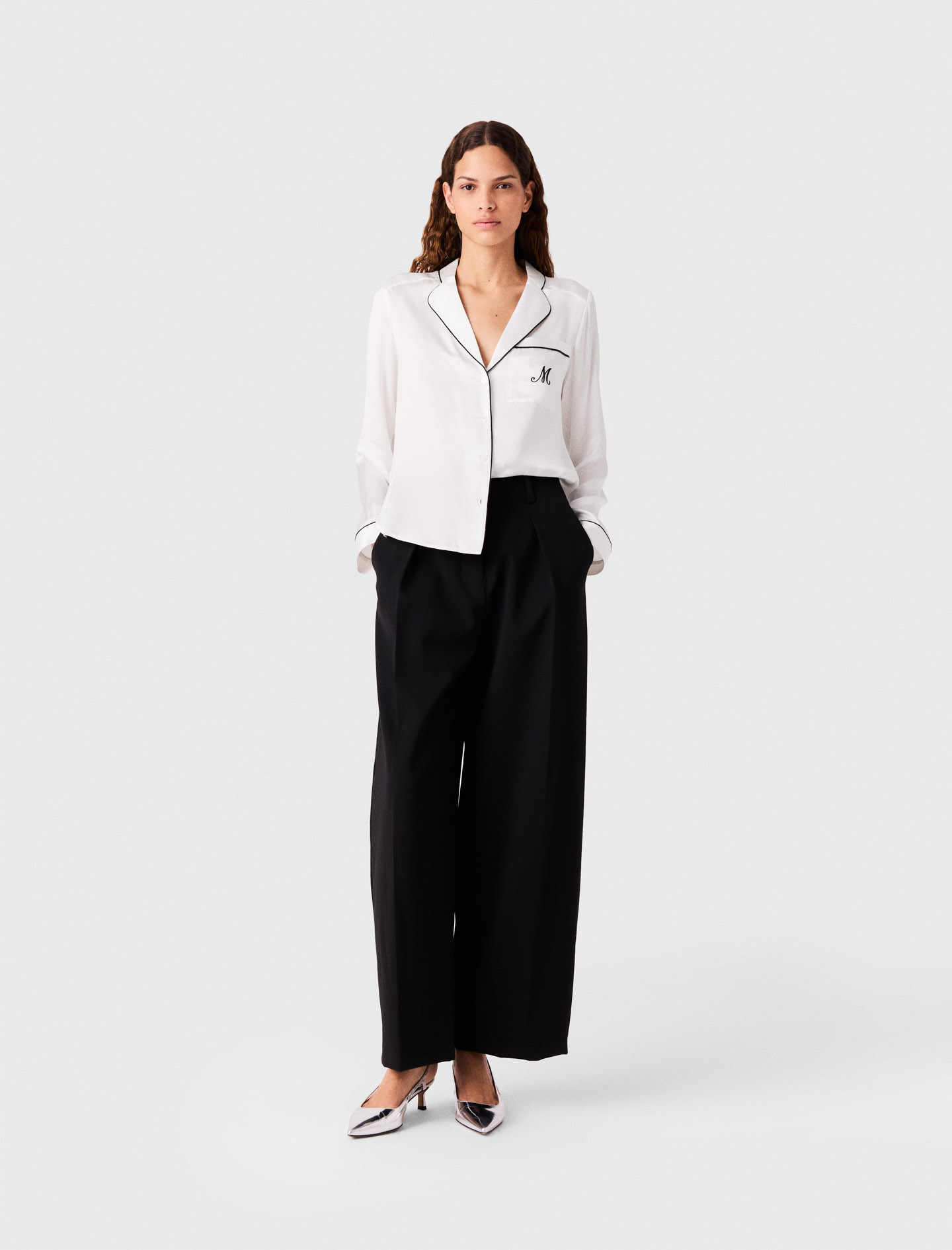 Embroidered Silk Shirt - Off White - Size 12 - Maje