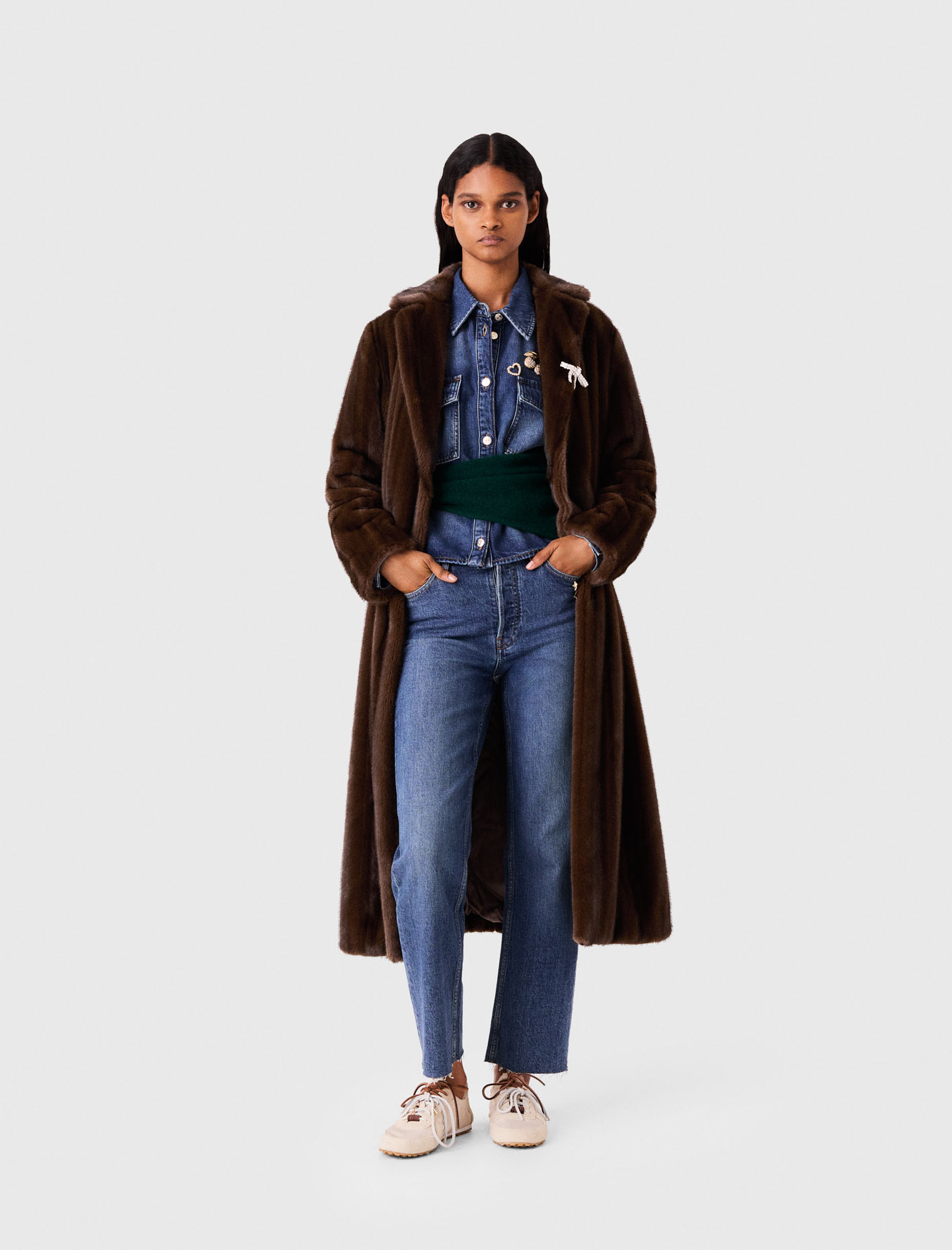 Long Faux Fur Coat - Dark Brown - Size 12 - Maje