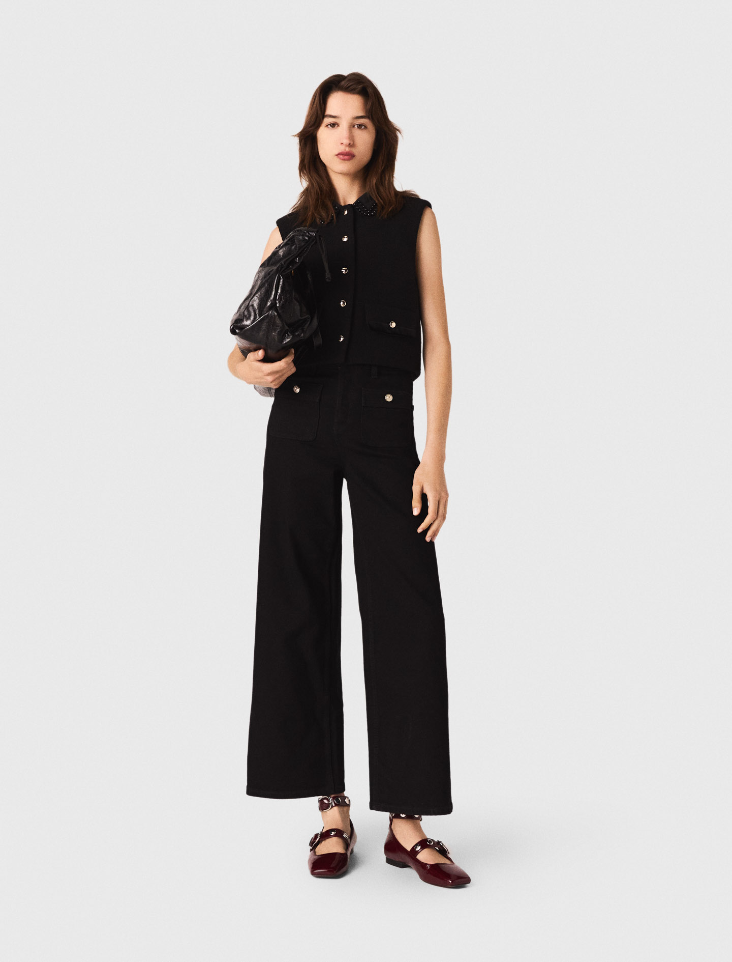 Maje Tweed Top With Velvet Trim In Black