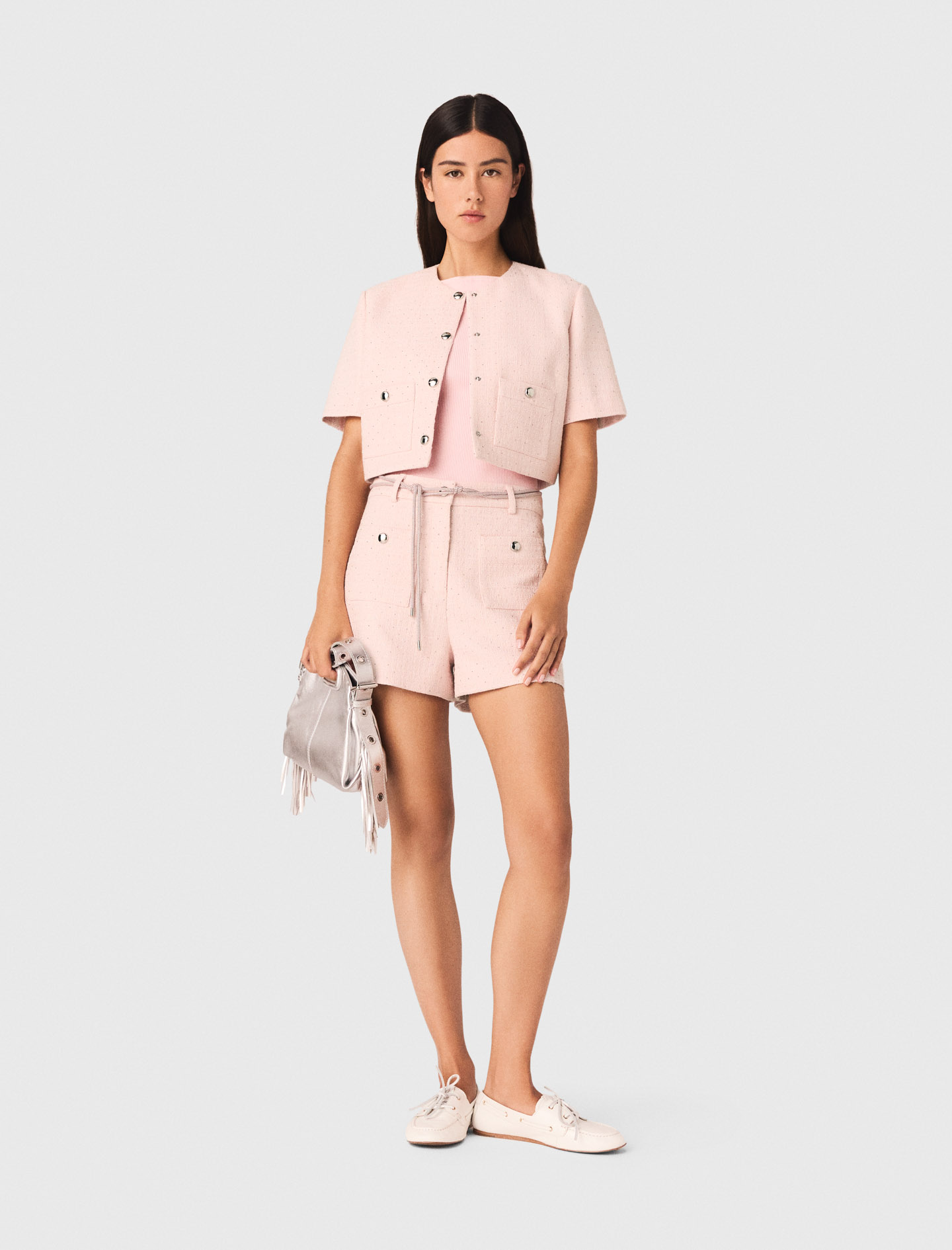 Short-sleeved Tweed Jacket - Pink - Size 12 - Maje